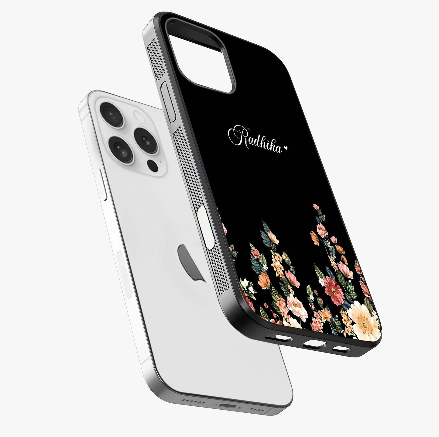 Floral Design With A Custom Personalized Name Glass Case laid diagonally highlighting side profile, edges and glossy glass shine.