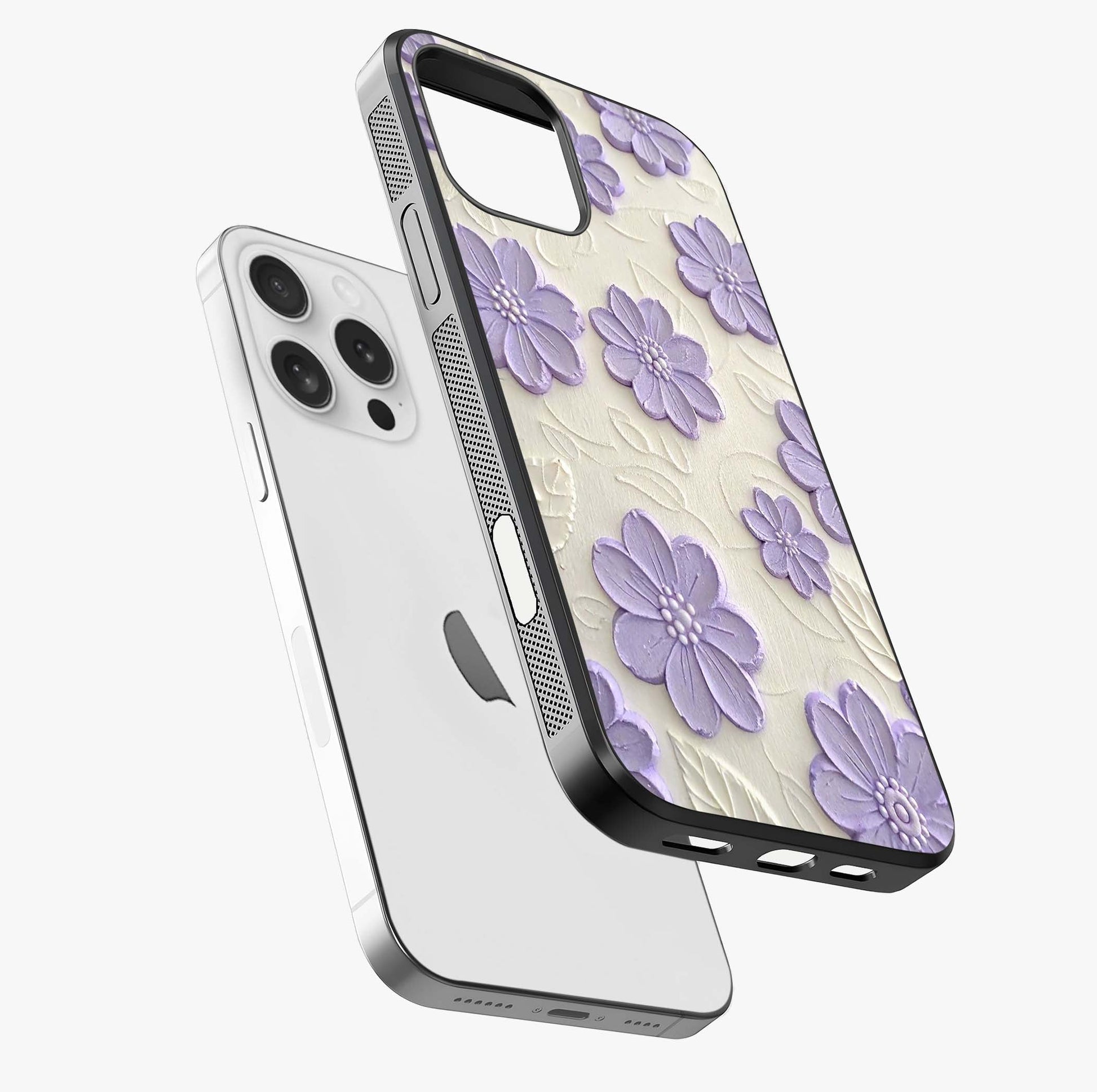 Floral Wall Art With Purple Flowers Glass Case laid diagonally highlighting side profile, edges and glossy glass shine.