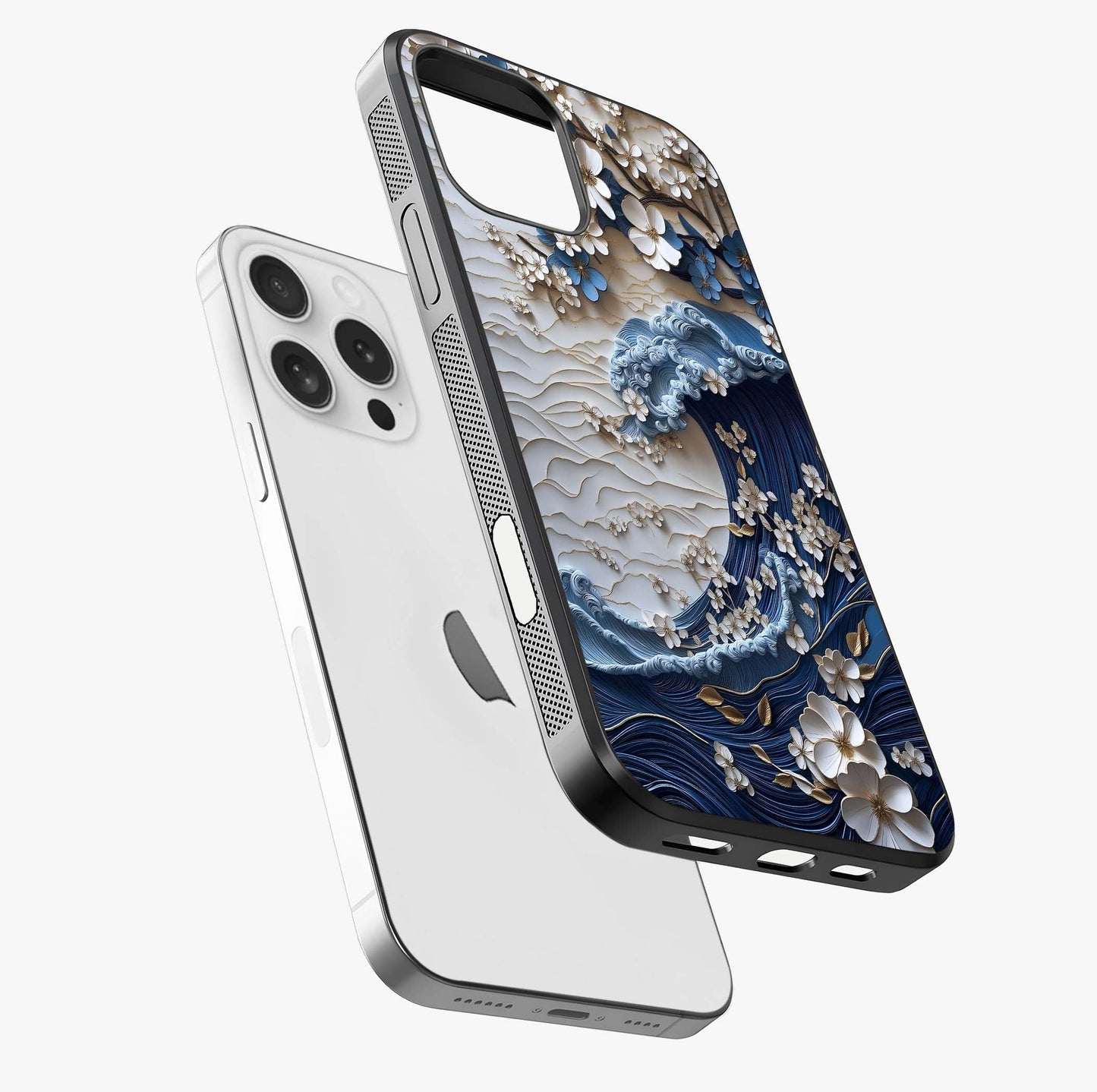 Floral Wave Origami Glass Case laid diagonally highlighting side profile, edges and glossy glass shine.