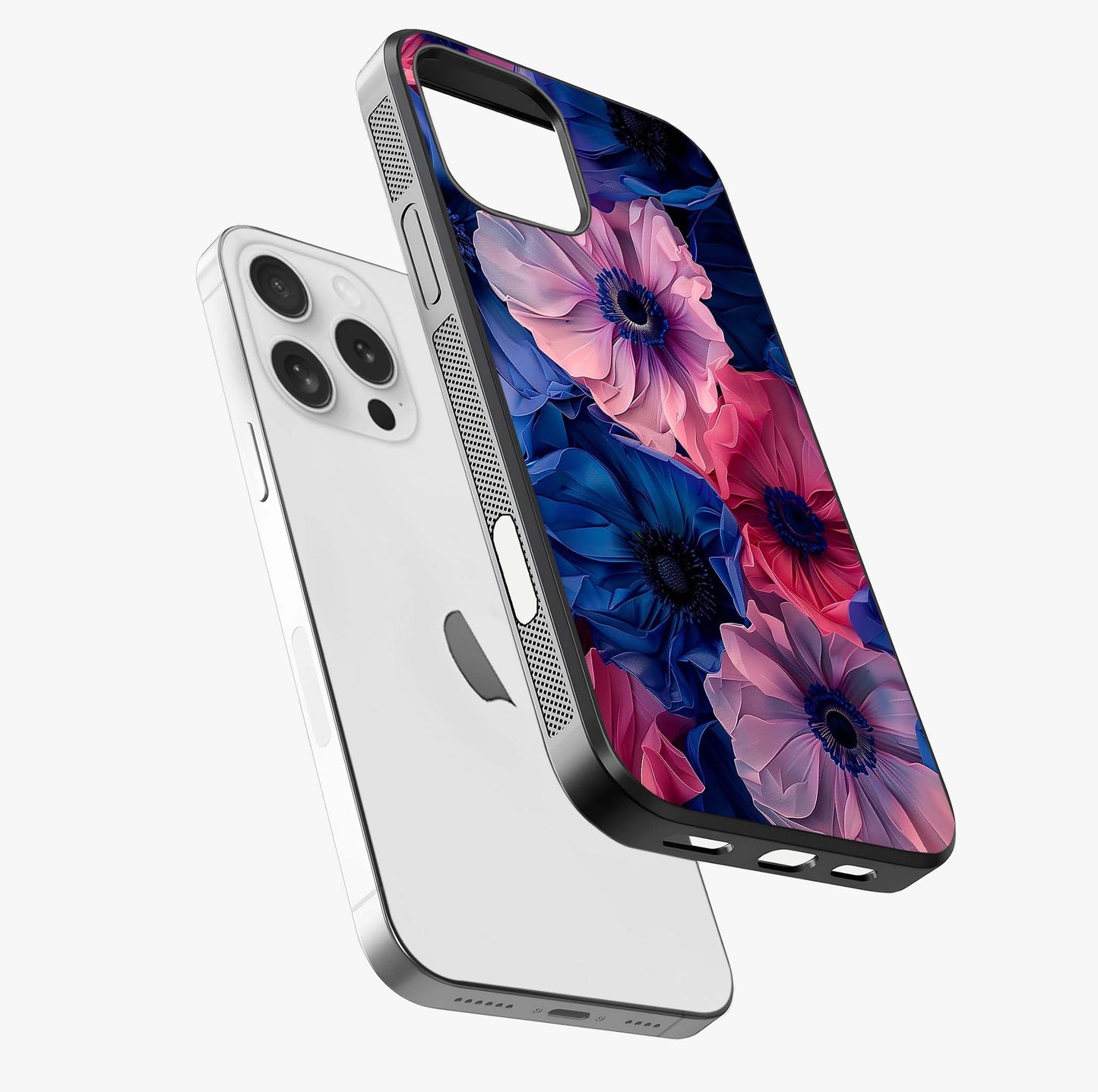 Flower Paper Art Pattern Glass Case laid diagonally highlighting side profile, edges and glossy glass shine.