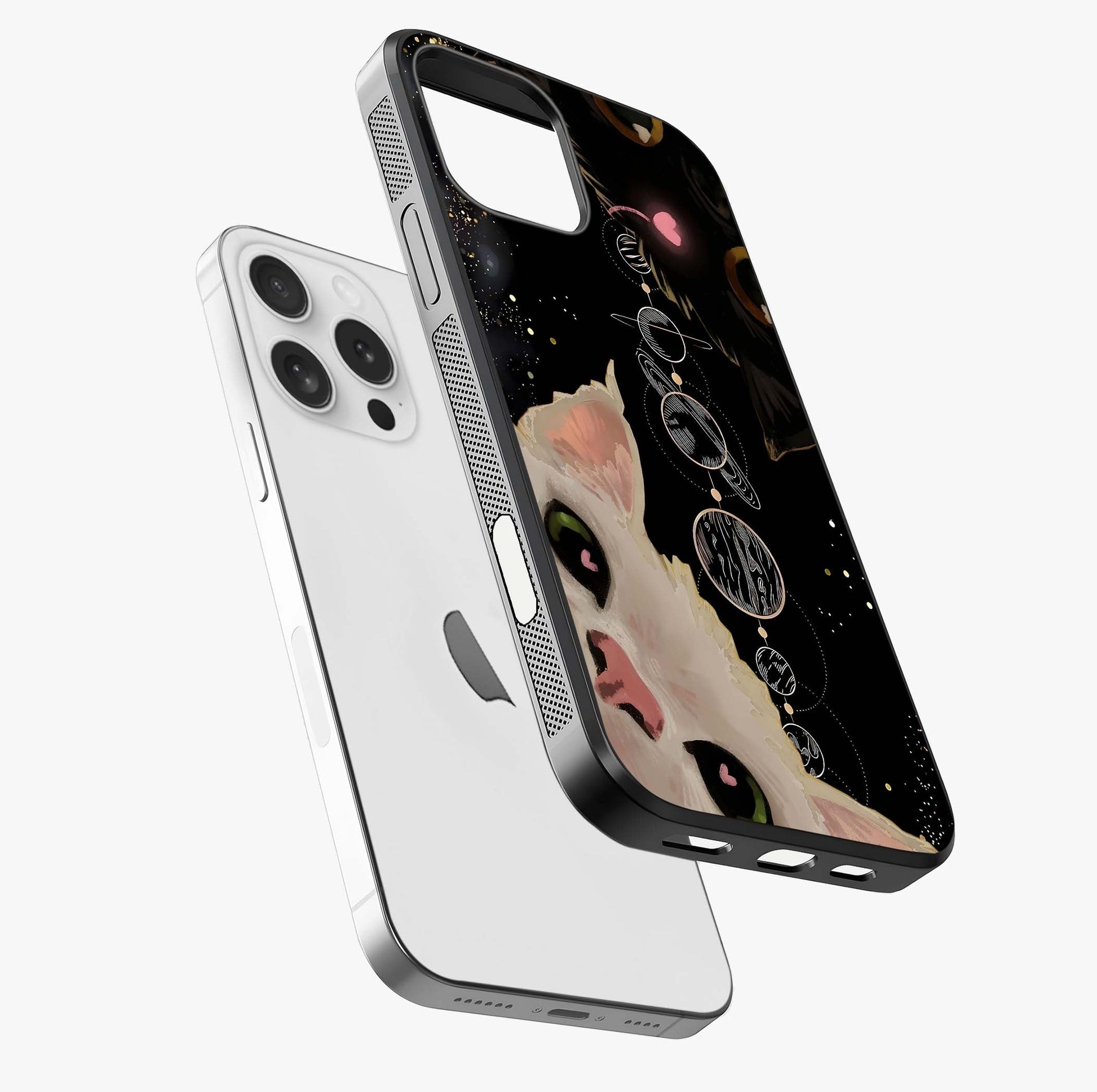 Galactic Cat Glass Case laid diagonally highlighting side profile, edges and glossy glass shine.