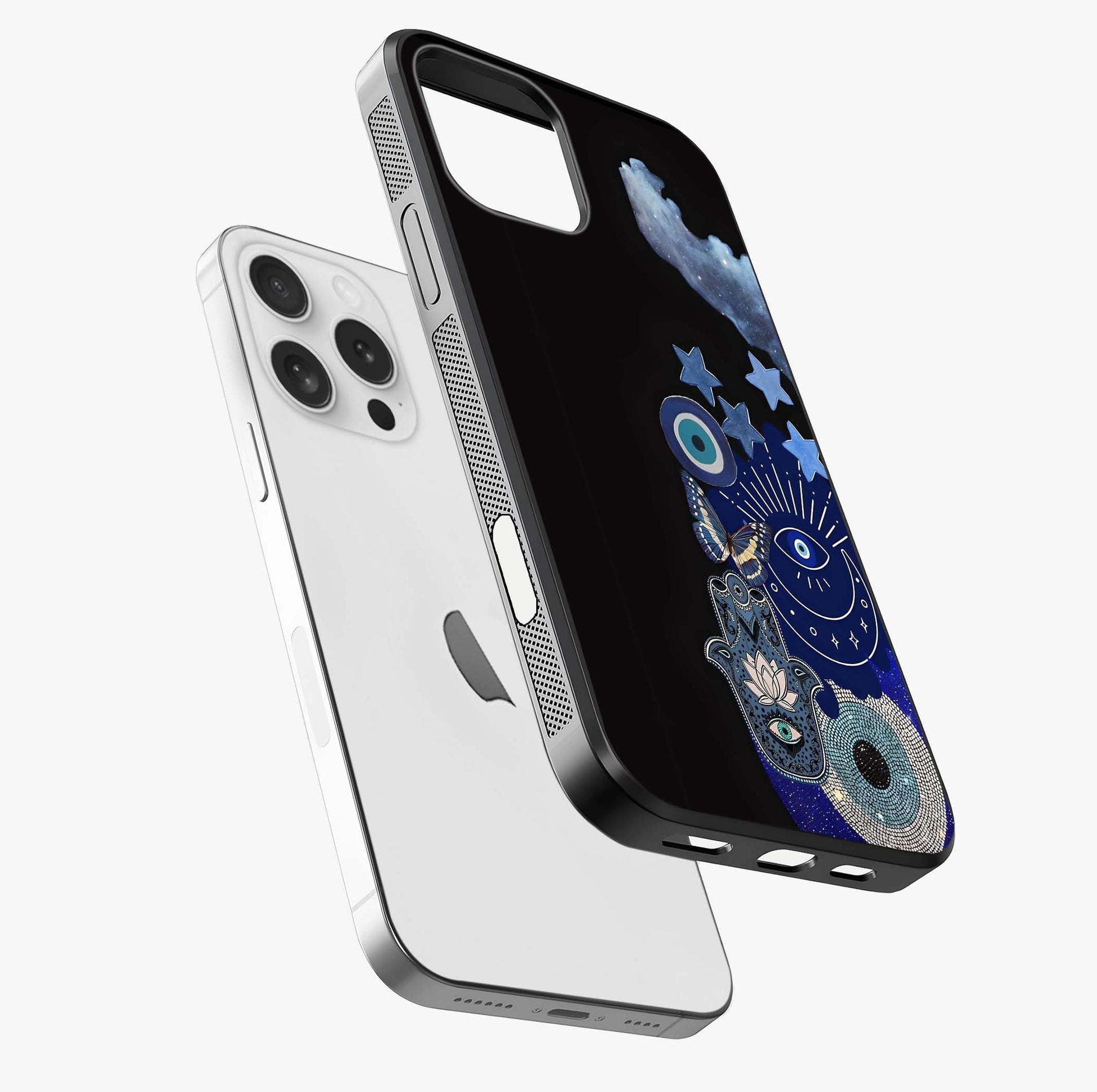 Galactic Charm Cluster Glass Case laid diagonally highlighting side profile, edges and glossy glass shine.