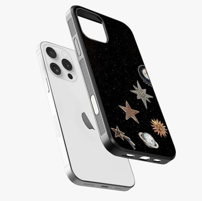 Galactic Charm Glow Glass Case laid diagonally highlighting side profile, edges and glossy glass shine.