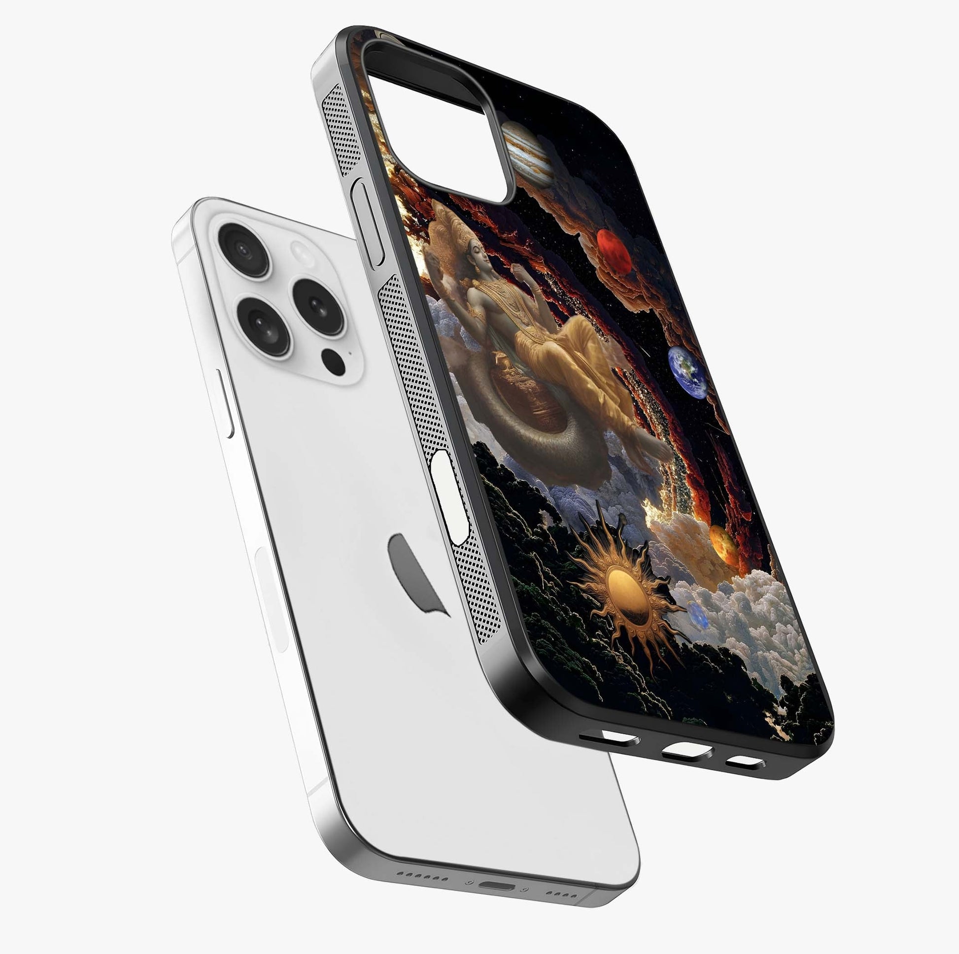 Galactic Divine God Glass Case laid diagonally highlighting side profile, edges and glossy glass shine.