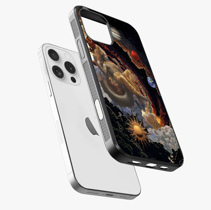 Galactic Divine God Glass Case laid diagonally highlighting side profile, edges and glossy glass shine.