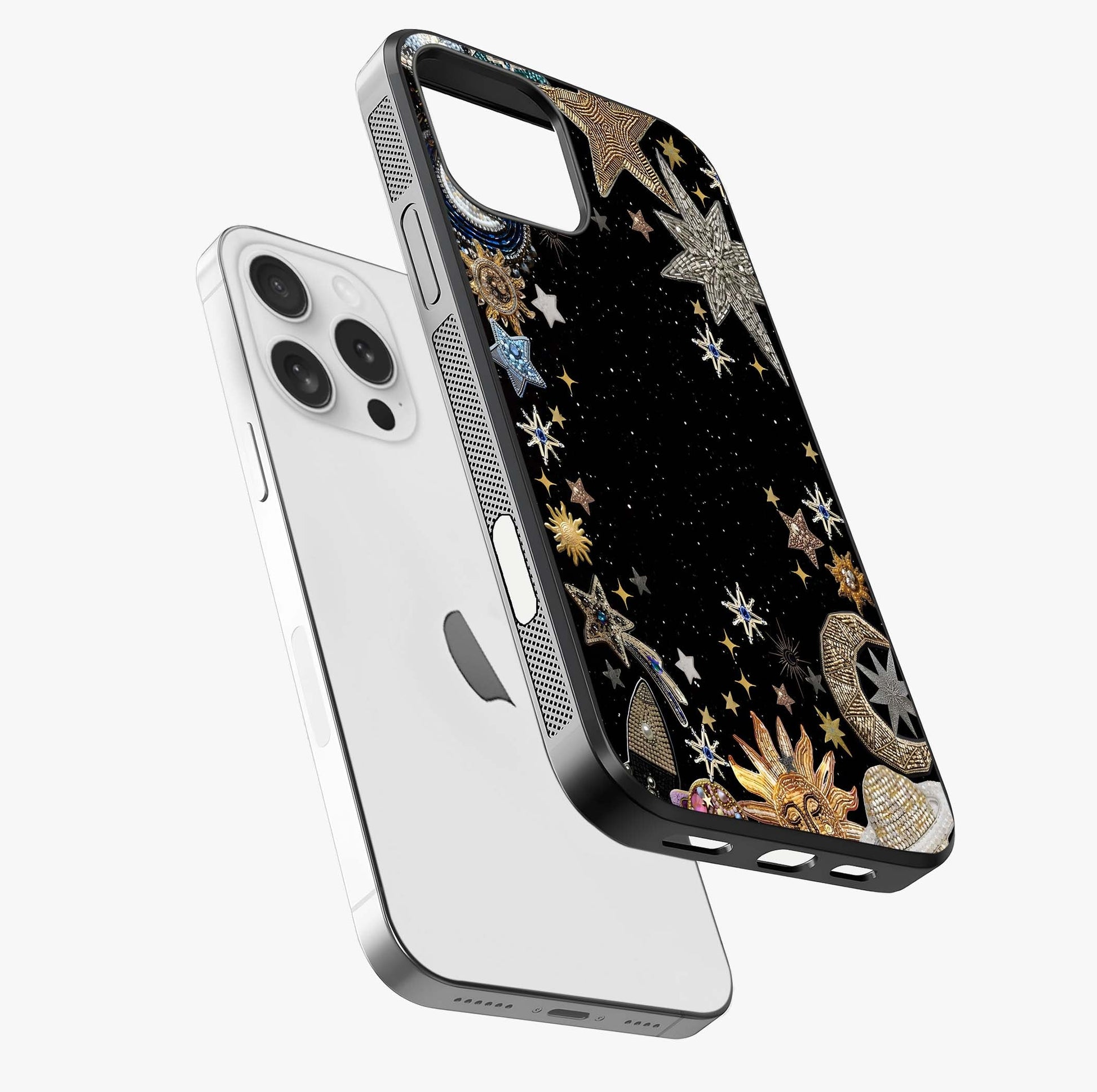 Galactic Jewel Stars Glass Case laid diagonally highlighting side profile, edges and glossy glass shine.