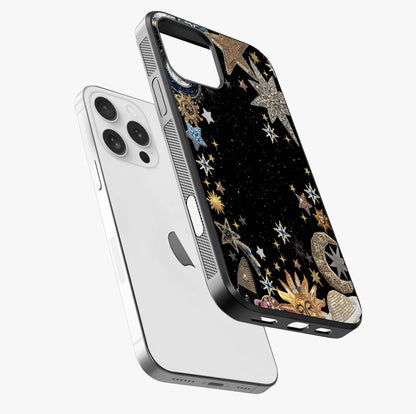 Galactic Jewel Stars Glass Case laid diagonally highlighting side profile, edges and glossy glass shine.