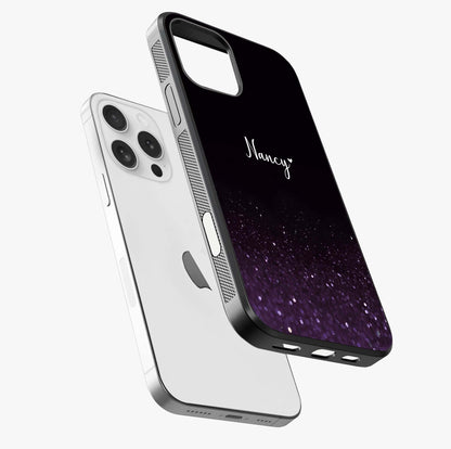Glittery Purple Bokeh Custom Name Glass Case laid diagonally highlighting side profile, edges and glossy glass shine.