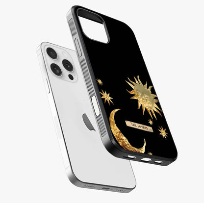 Golden Celestial Charm Glass Case laid diagonally highlighting side profile, edges and glossy glass shine.