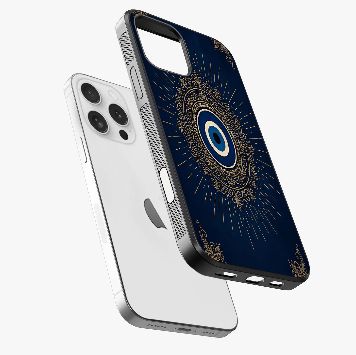 Golden Evil Eye Mandala Glass Case laid diagonally highlighting side profile, edges and glossy glass shine.
