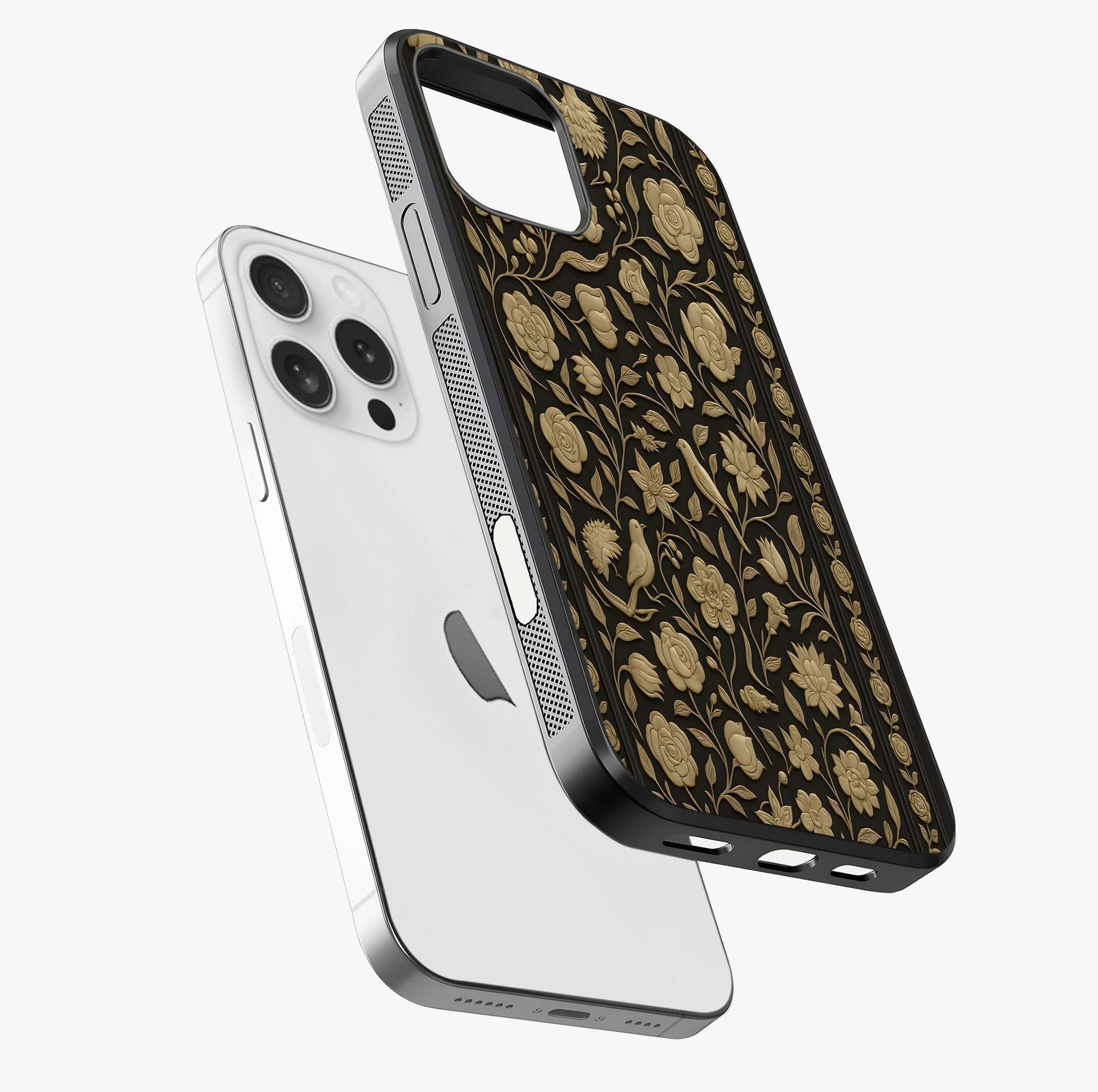 Golden Floral Majesty Glass Case laid diagonally highlighting side profile, edges and glossy glass shine.
