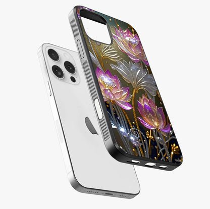 Golden Lotus Glow Glass Case laid diagonally highlighting side profile, edges and glossy glass shine.
