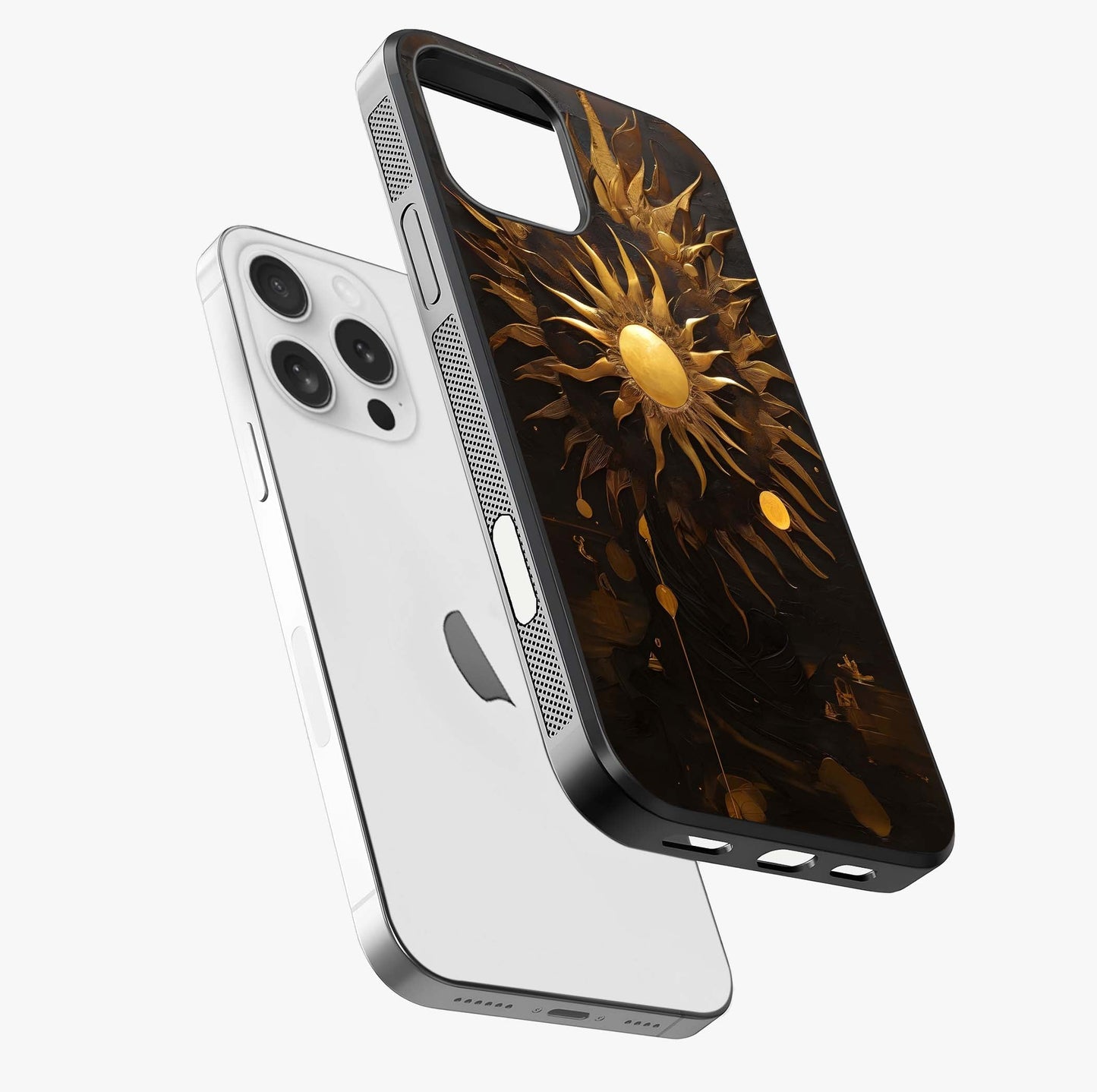 Golden Sun Majesty Glass Case laid diagonally highlighting side profile, edges and glossy glass shine.