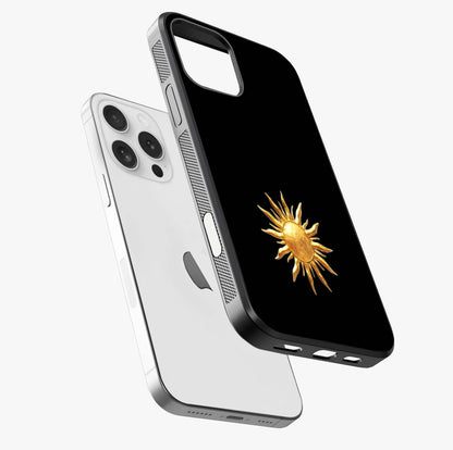 Golden Sun Minimalism Glass Case laid diagonally highlighting side profile, edges and glossy glass shine.