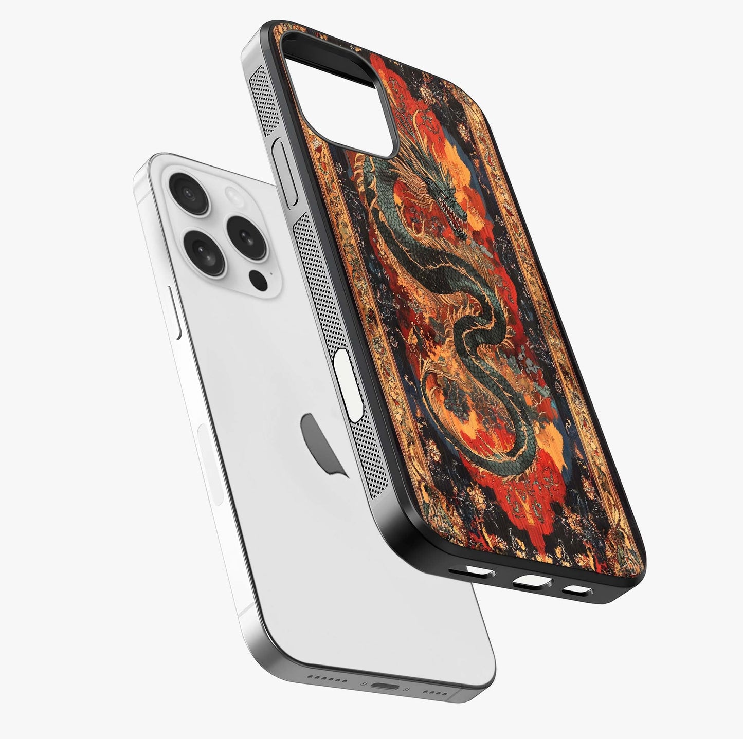 Inferno Dragon Soul Glass Case laid diagonally highlighting side profile, edges and glossy glass shine.