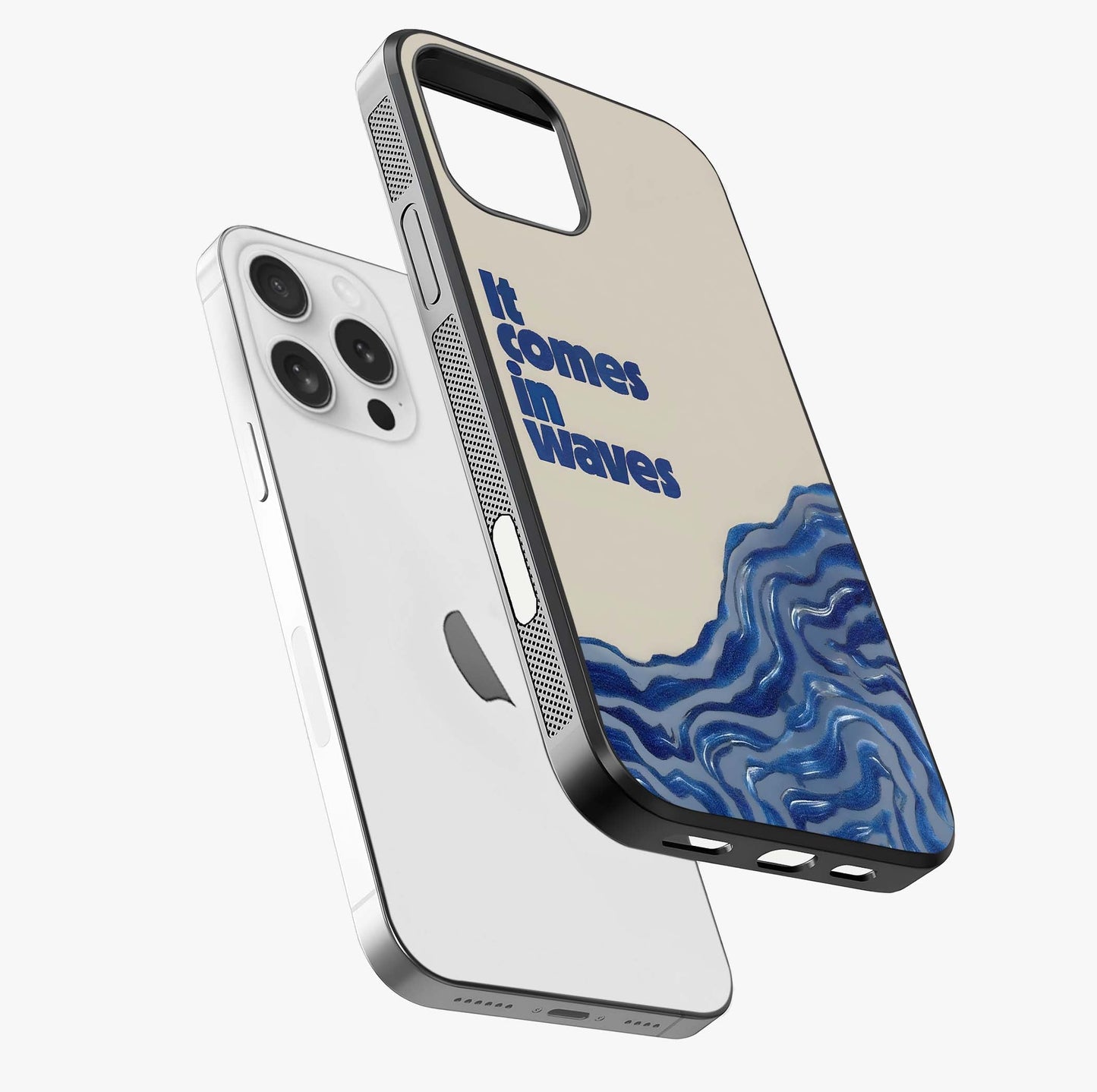 It Comes In Waves Quote Glass Case laid diagonally highlighting side profile, edges and glossy glass shine.