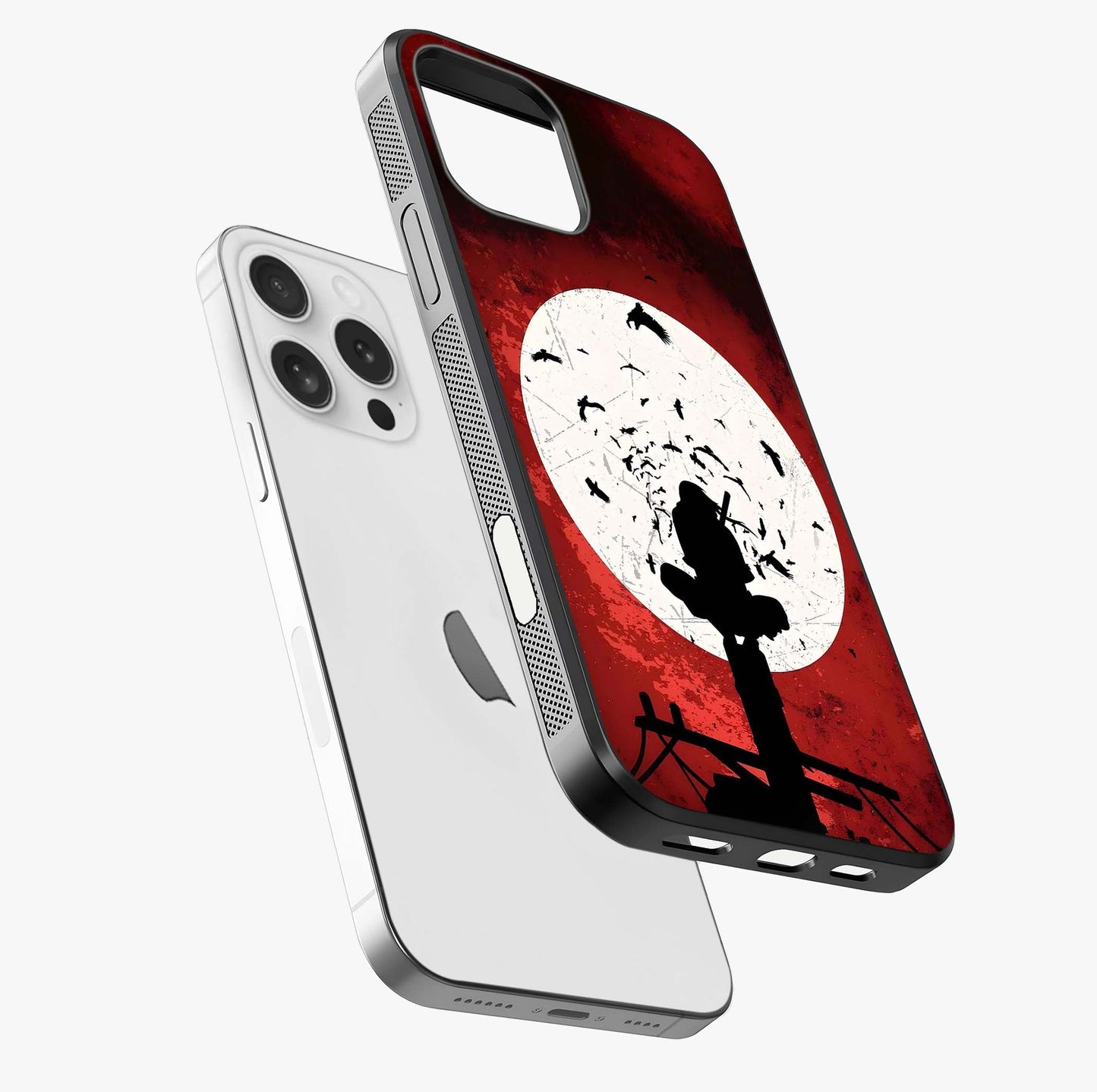 Itachi Limited Edition Naruto Anime Glass Case laid diagonally highlighting side profile, edges and glossy glass shine.