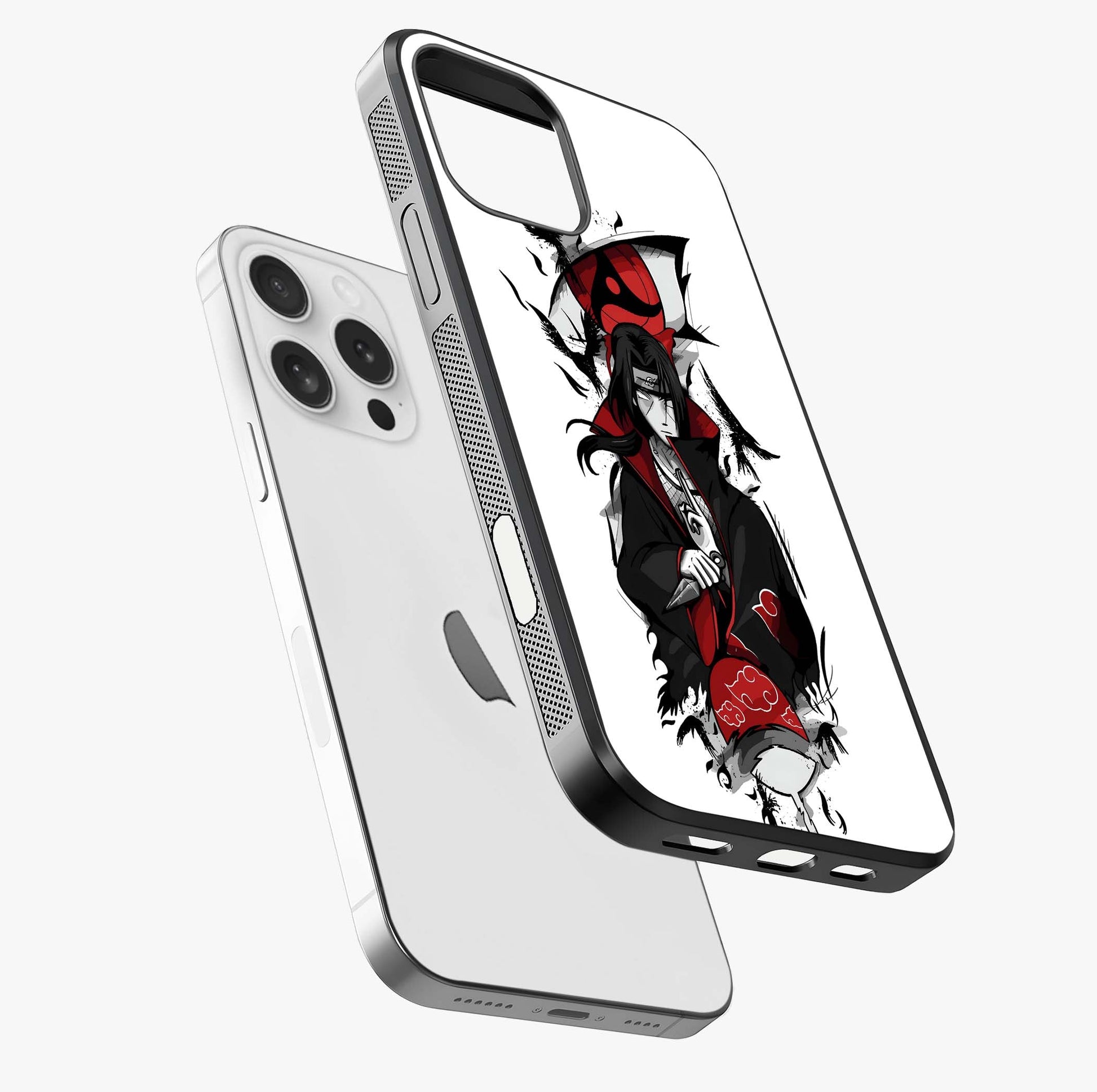 Itachi Sharingan Glass Case laid diagonally highlighting side profile, edges and glossy glass shine.