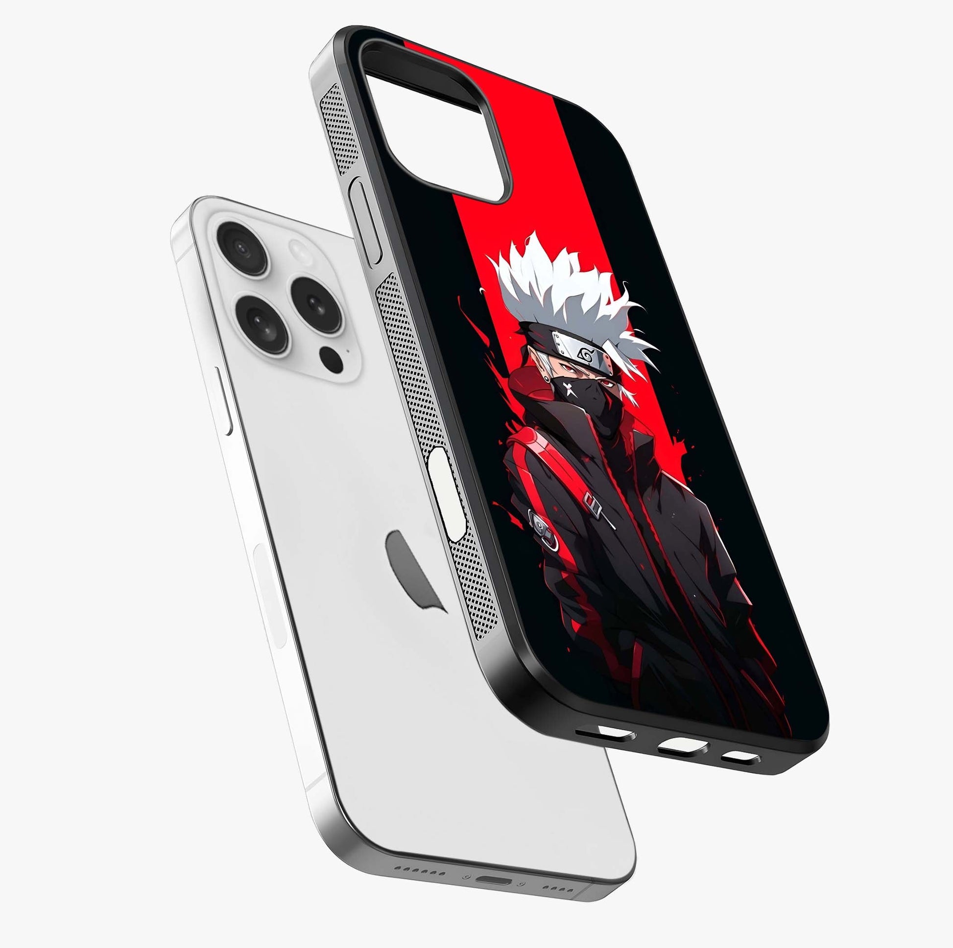 Kakashi Scarlet Shadow Glass Case laid diagonally highlighting side profile, edges and glossy glass shine.