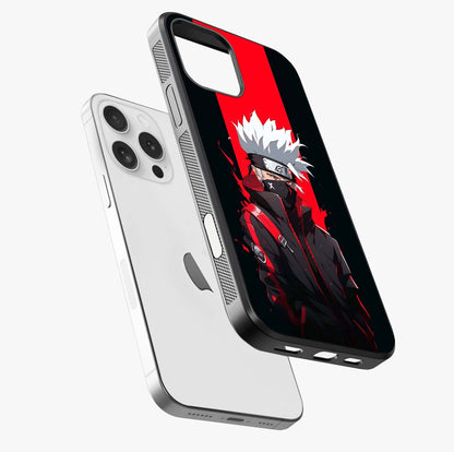 Kakashi Scarlet Shadow Glass Case laid diagonally highlighting side profile, edges and glossy glass shine.