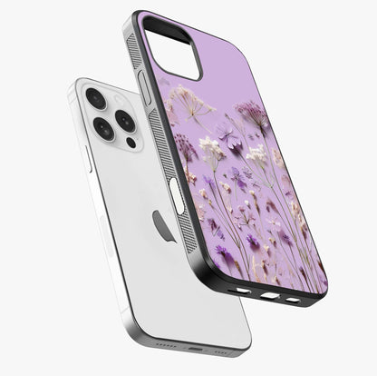 Lavender Blossom Dream Glass Case laid diagonally highlighting side profile, edges and glossy glass shine.