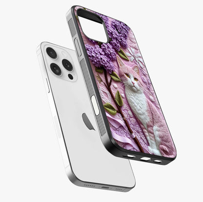 Lavender Cat Whimsy Glass Case laid diagonally highlighting side profile, edges and glossy glass shine.