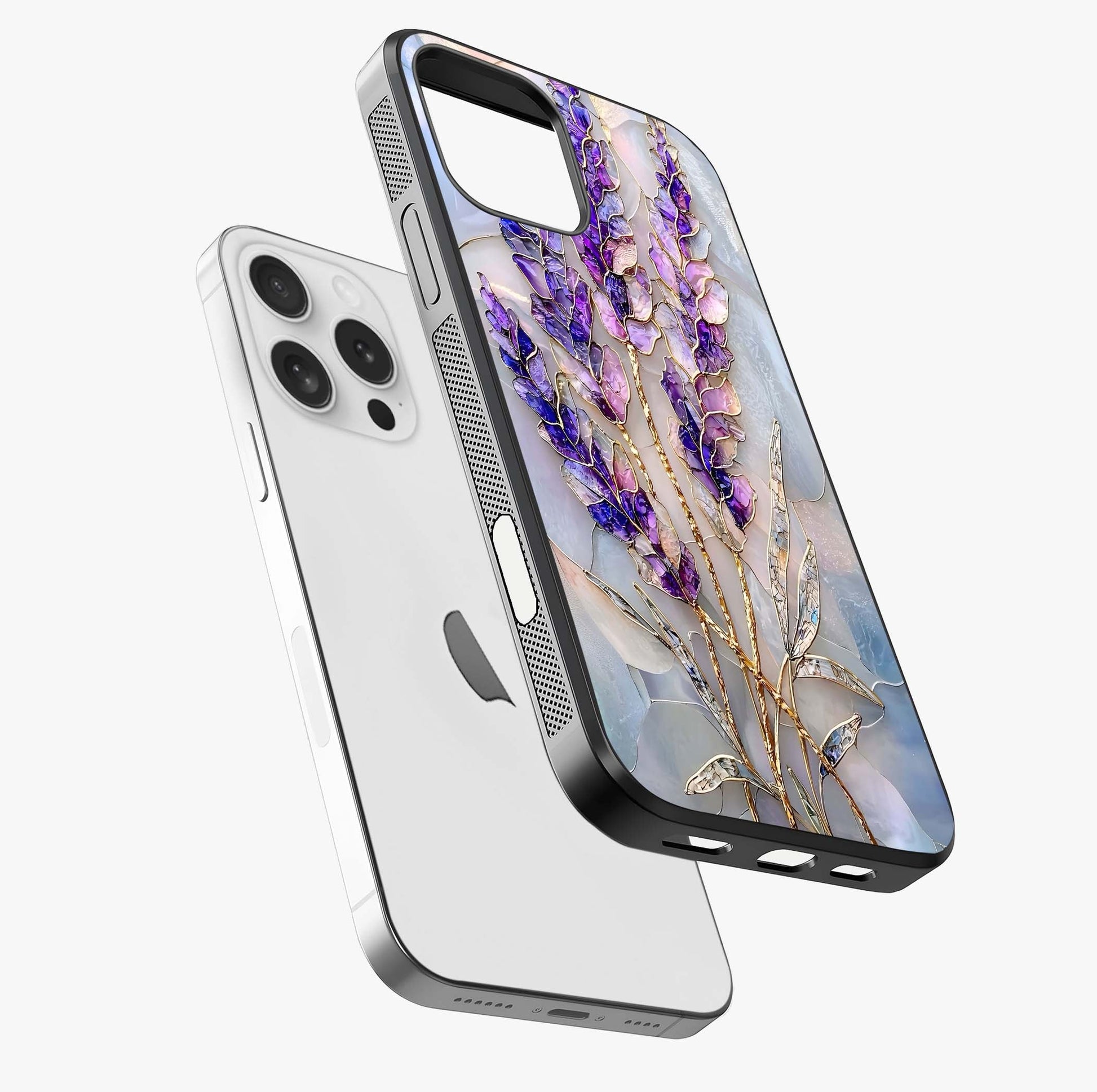 Lavender Dream Glow Glass Case laid diagonally highlighting side profile, edges and glossy glass shine.