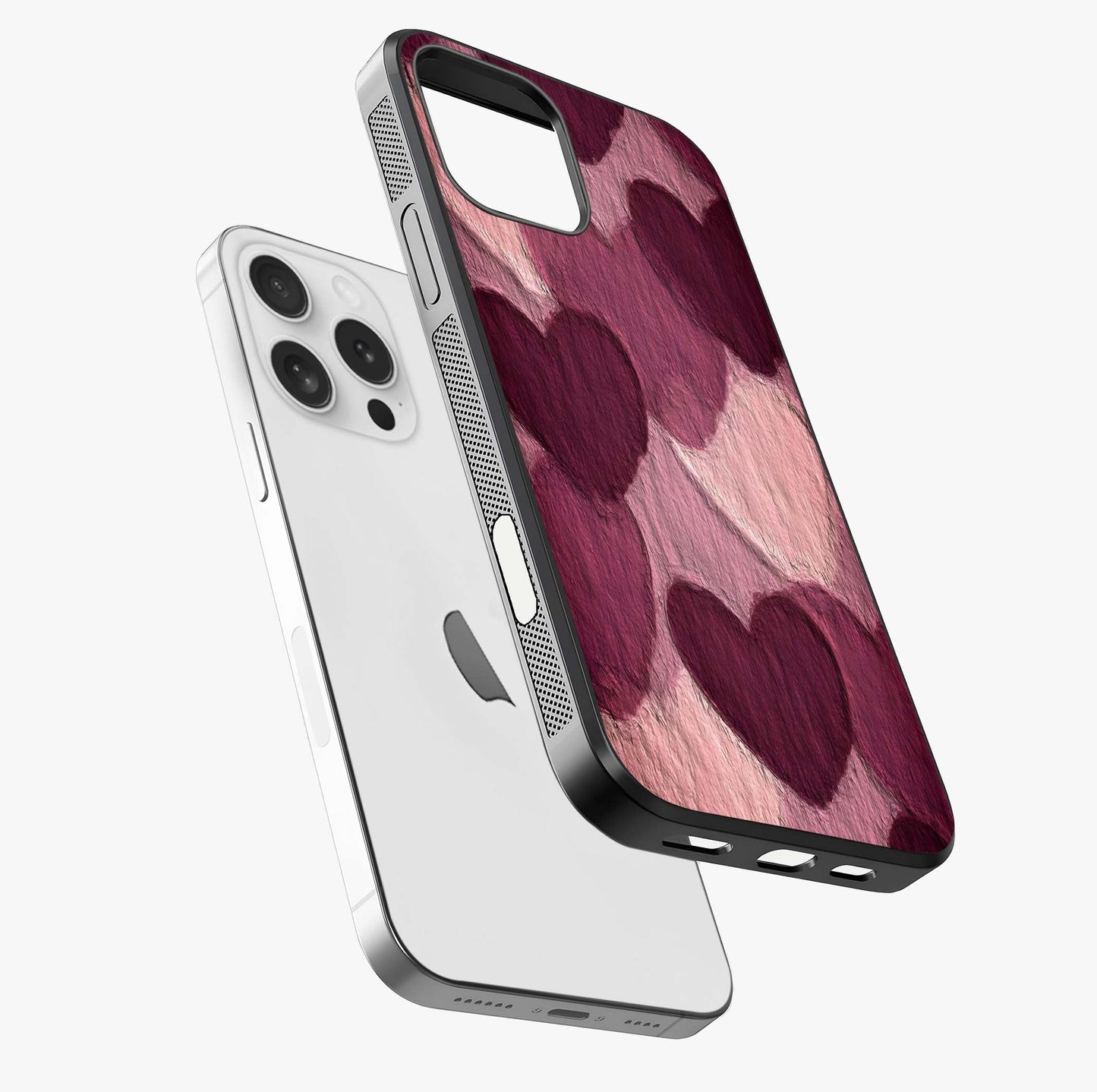 Layered Paper Hearts Glass Case laid diagonally highlighting side profile, edges and glossy glass shine.