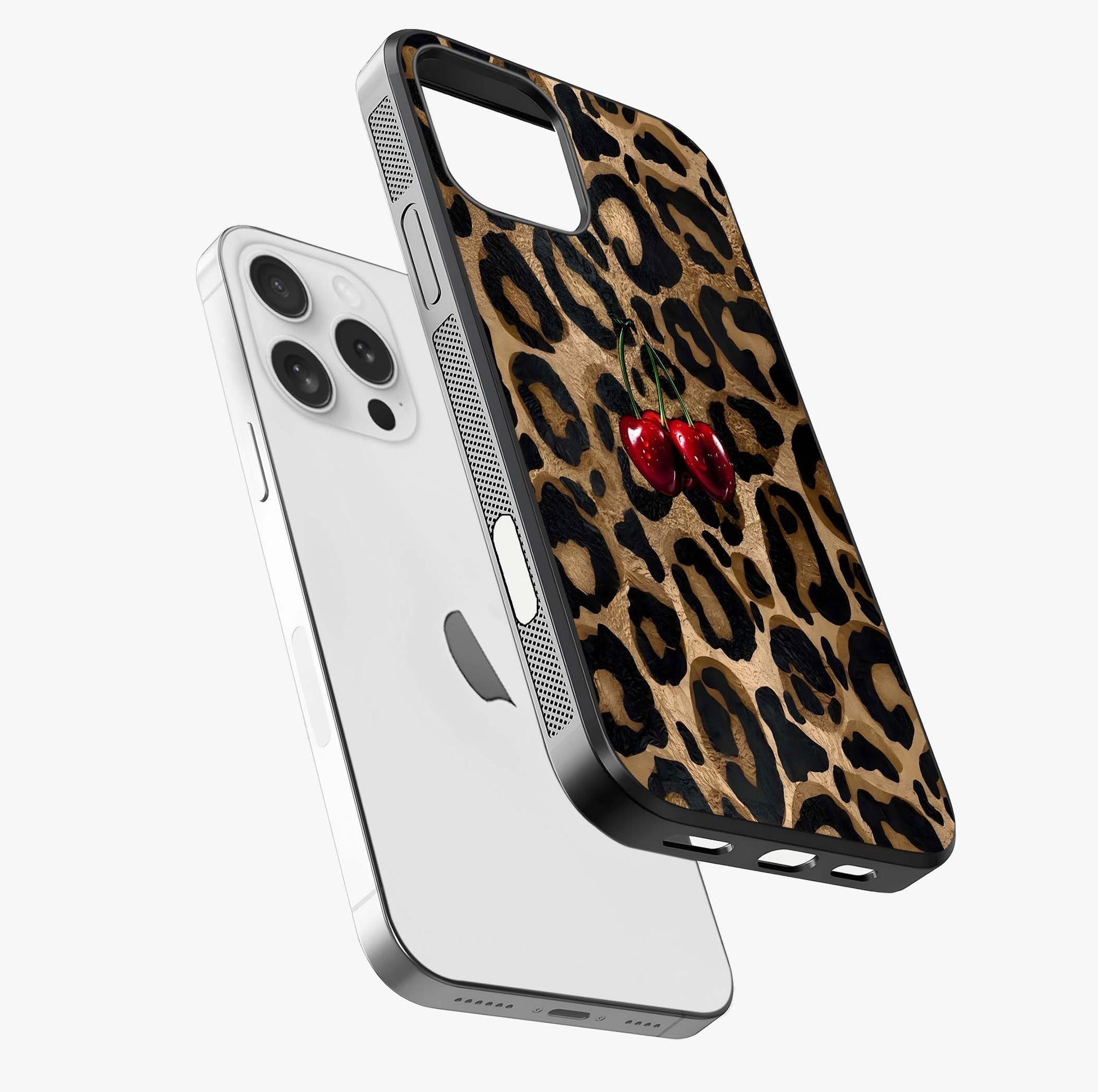 Leopard Wild Cherry Glass Case laid diagonally highlighting side profile, edges and glossy glass shine.