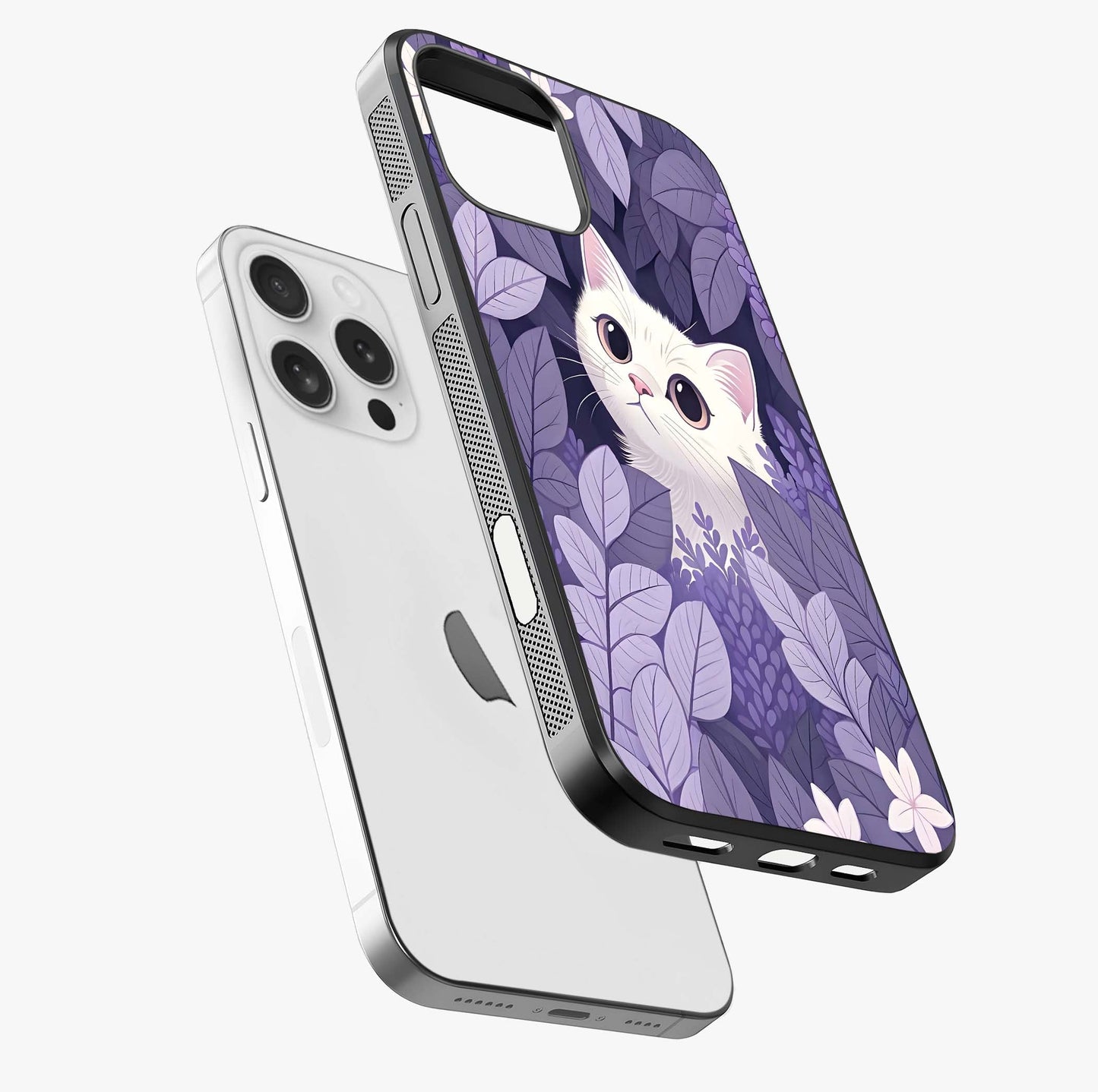Lilac Hide Peek Cat Glass Case laid diagonally highlighting side profile, edges and glossy glass shine.