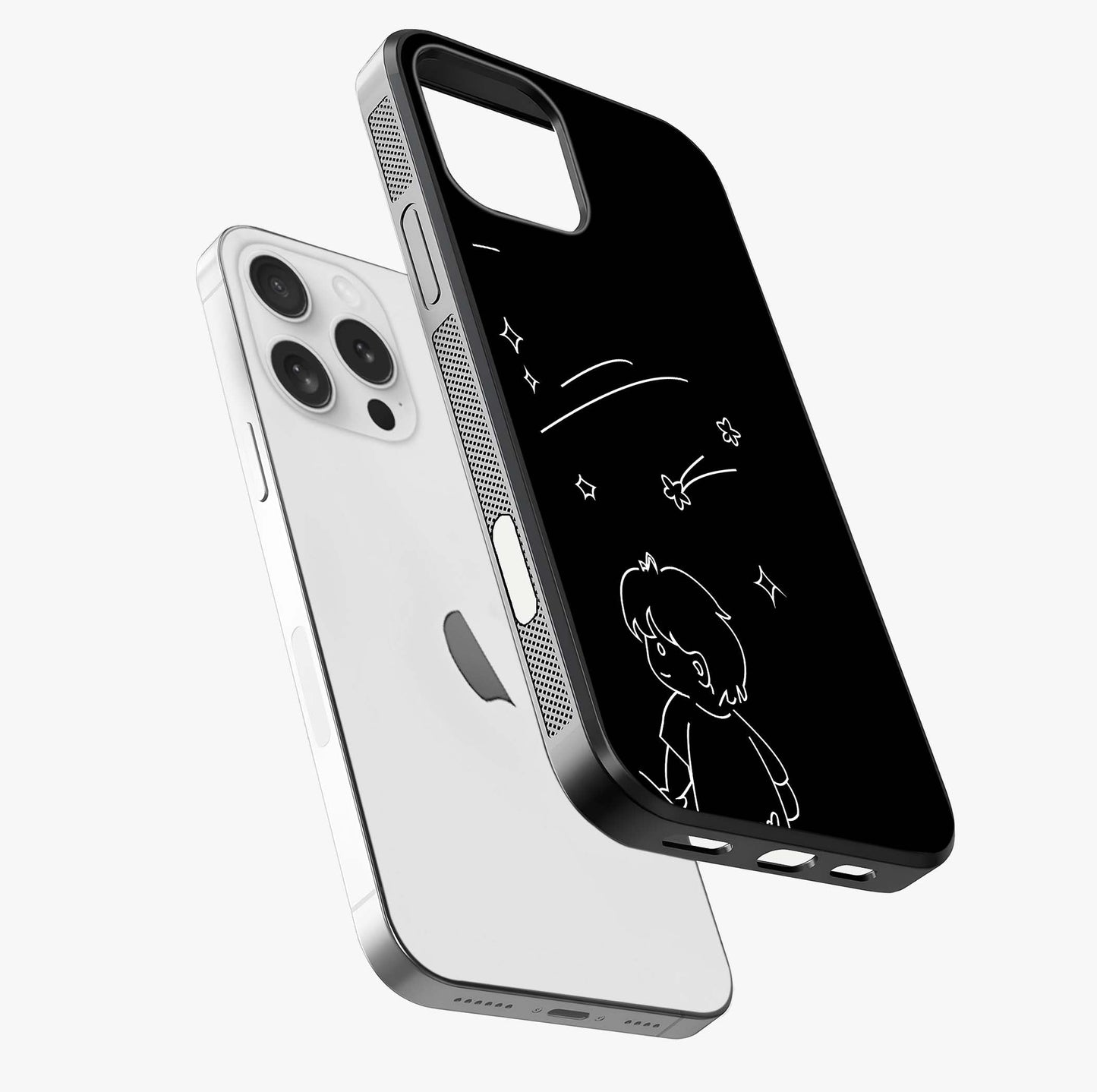 Line Art Boy With Shooting Stars Glass Case laid diagonally highlighting side profile, edges and glossy glass shine.