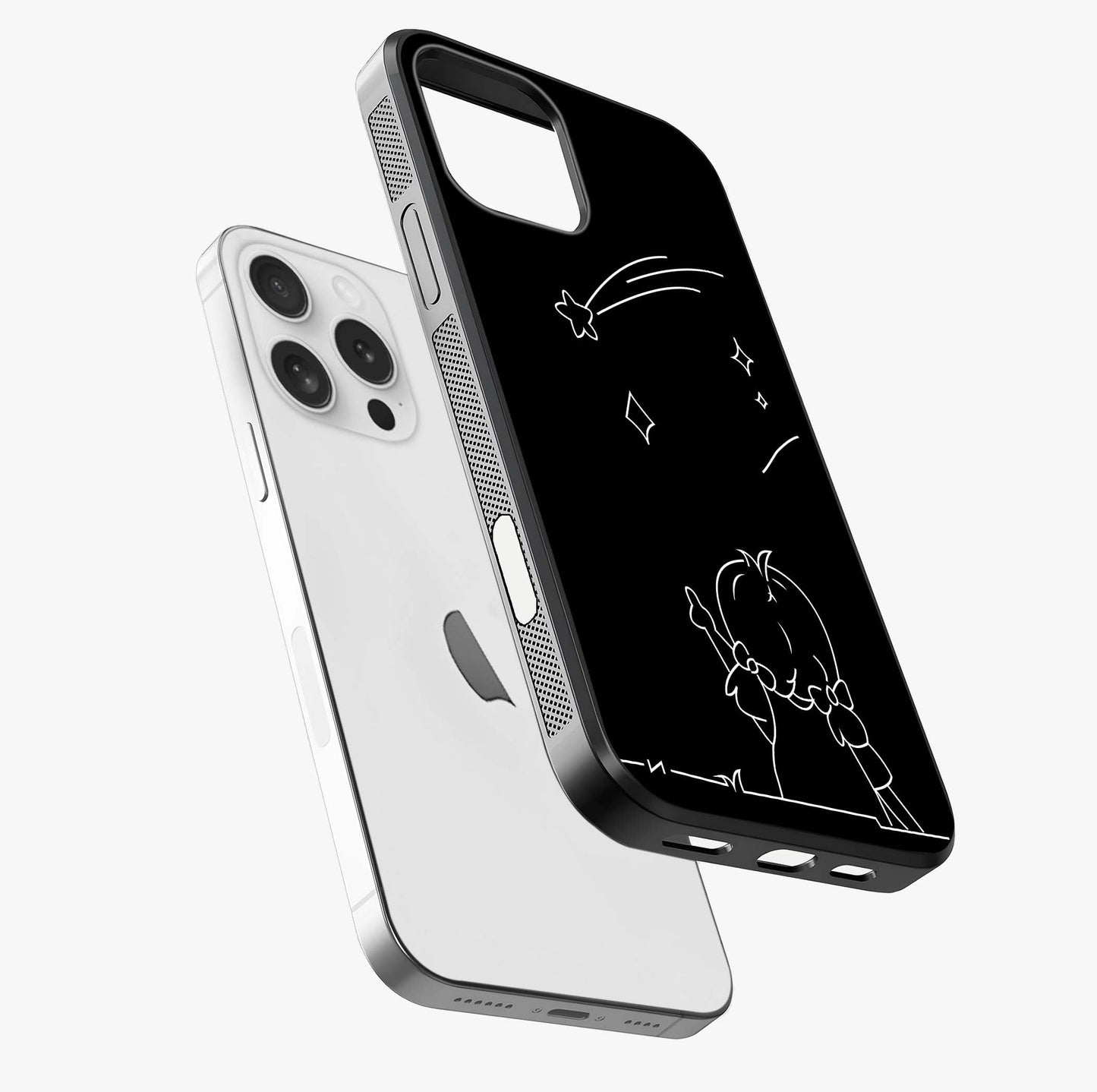 Line Art Girl With Shooting Stars Glass Case laid diagonally highlighting side profile, edges and glossy glass shine.