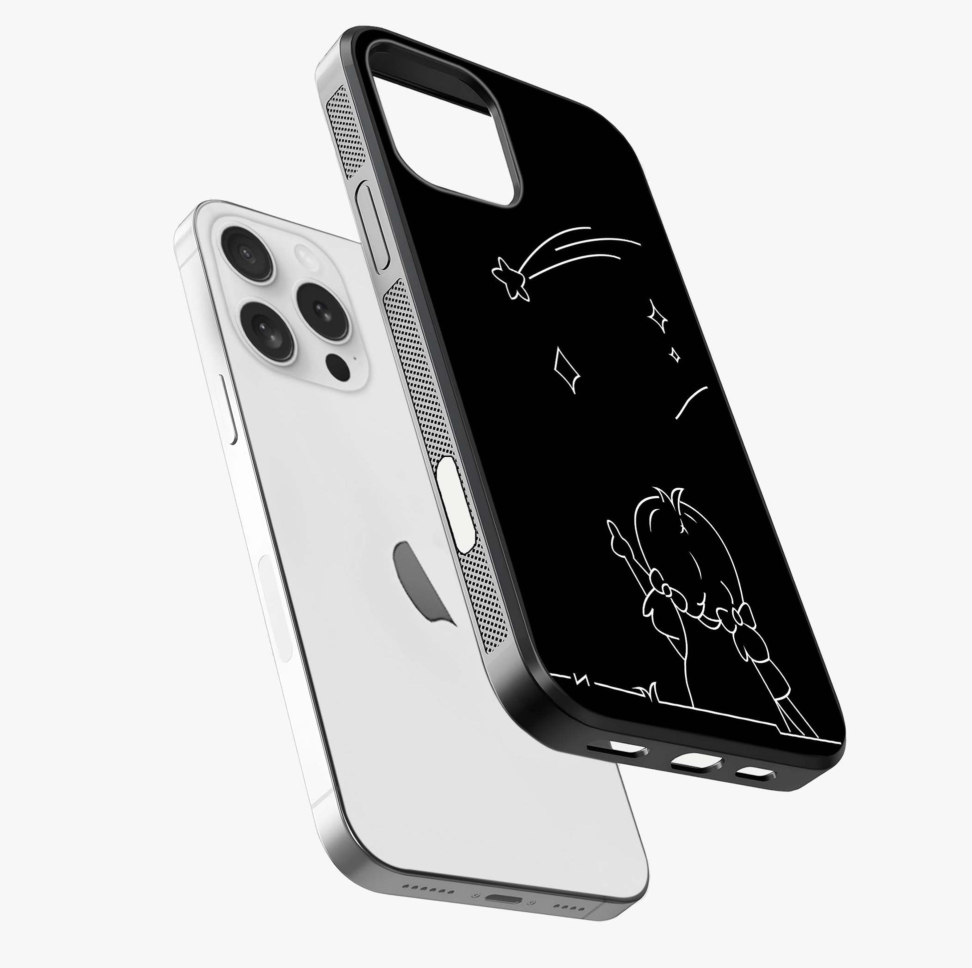 Line Art Girl With Shooting Stars Glass Case laid diagonally highlighting side profile, edges and glossy glass shine.