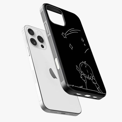 Line Art Girl With Shooting Stars Glass Case laid diagonally highlighting side profile, edges and glossy glass shine.