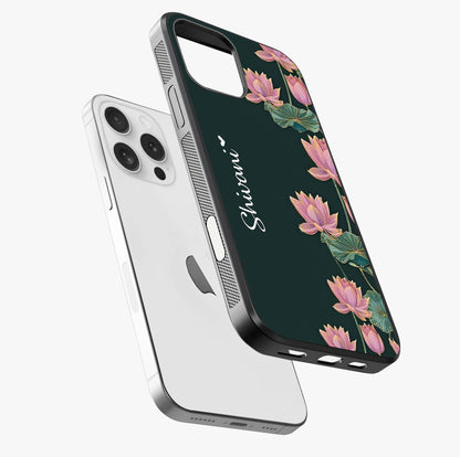 Lotus Bloom Serenity Custom Name Glass Case laid diagonally highlighting side profile, edges and glossy glass shine.