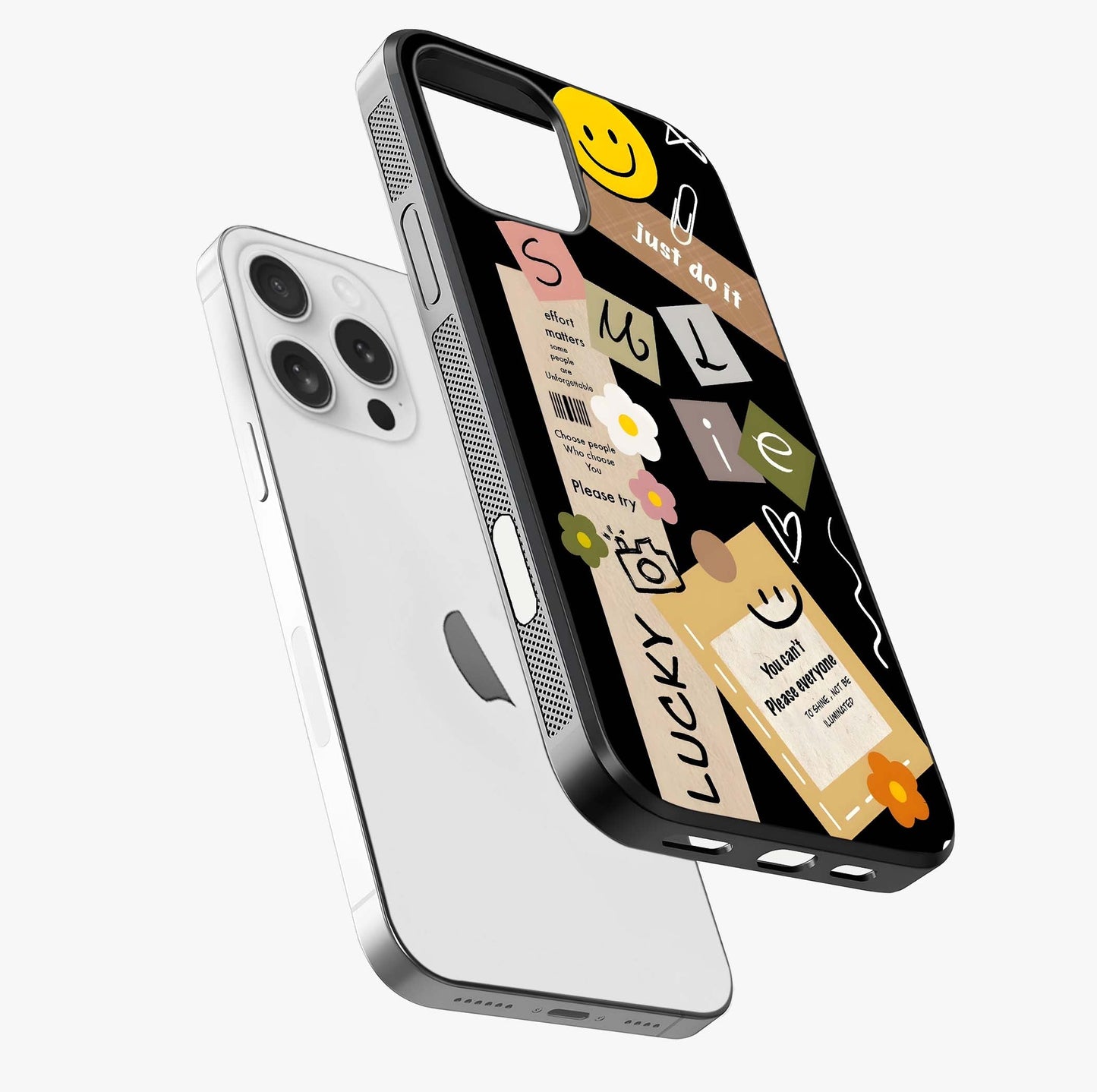 Lucky Aesthetic Collage Glass Case laid diagonally highlighting side profile, edges and glossy glass shine.