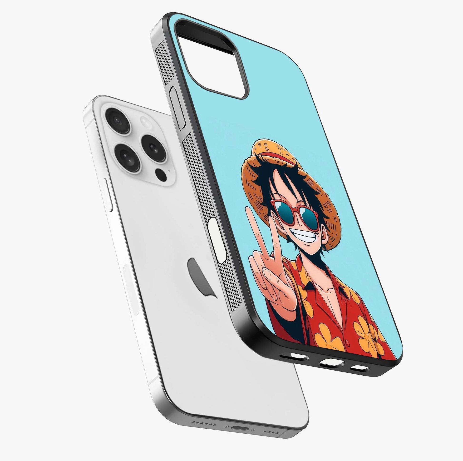 Luffy Summer Anime Vibe Glass Case laid diagonally highlighting side profile, edges and glossy glass shine.