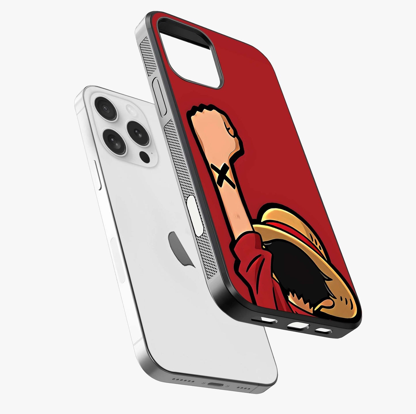 Luffy X Spirit Glass Case laid diagonally highlighting side profile, edges and glossy glass shine.