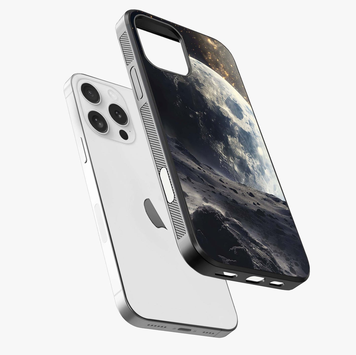 Lunar Horizon Glow Glass Case laid diagonally highlighting side profile, edges and glossy glass shine.