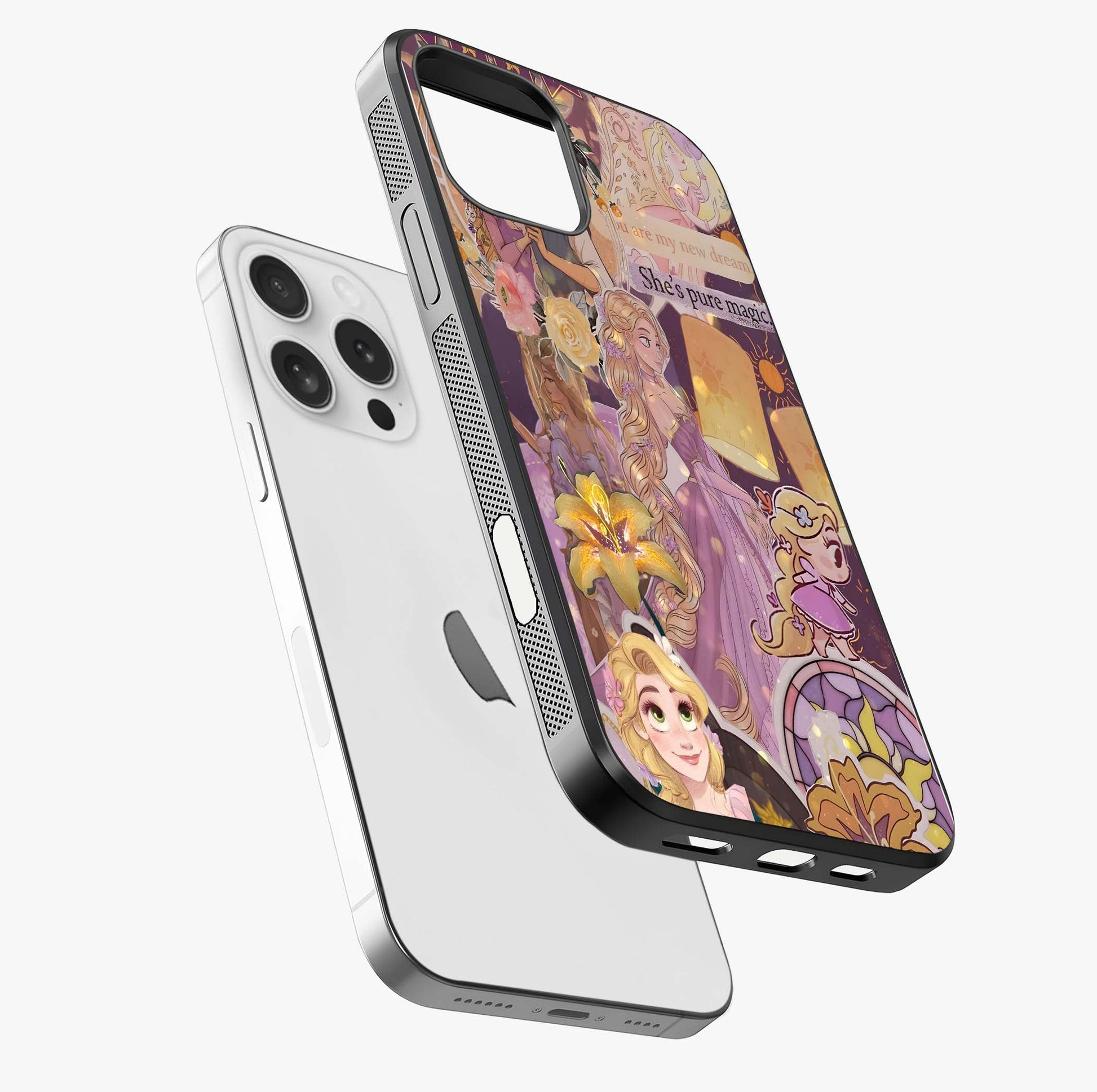 Magical Tangled Dream Glass Case laid diagonally highlighting side profile, edges and glossy glass shine.