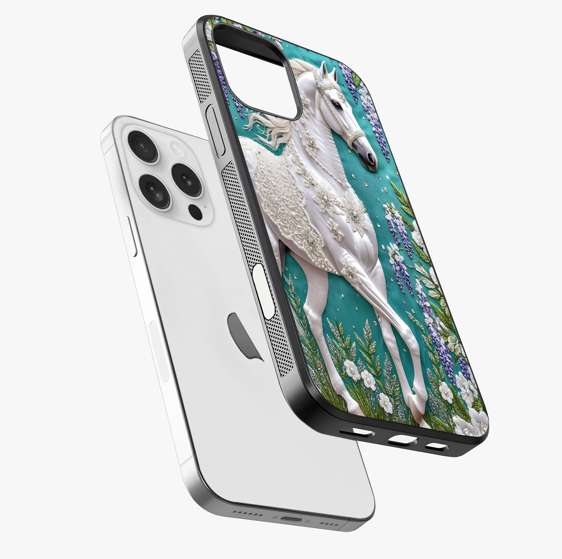 Majestic Floral Stallion Glass Case laid diagonally highlighting side profile, edges and glossy glass shine.