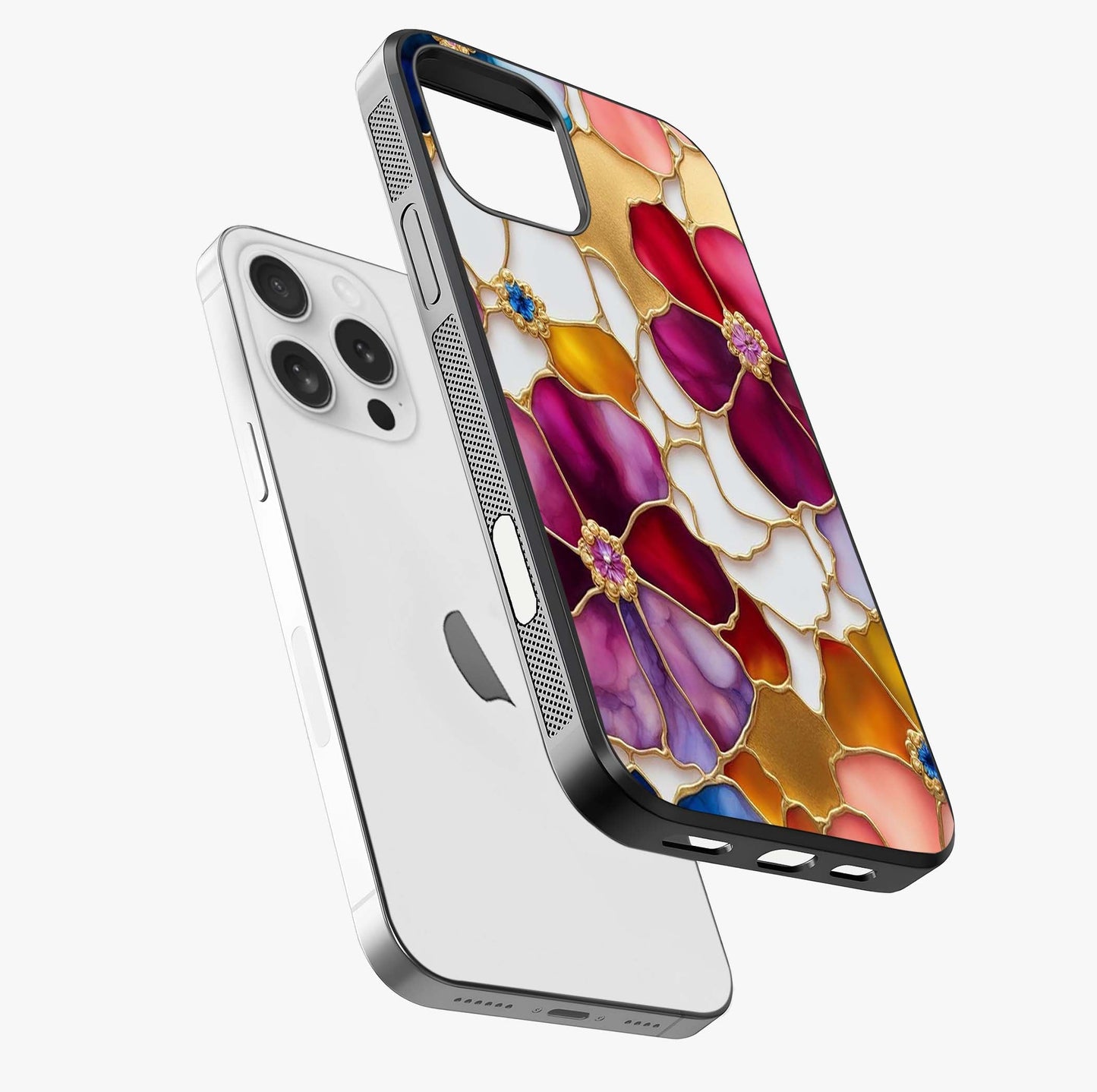 Marble Flower Pattern Glass Case laid diagonally highlighting side profile, edges and glossy glass shine.