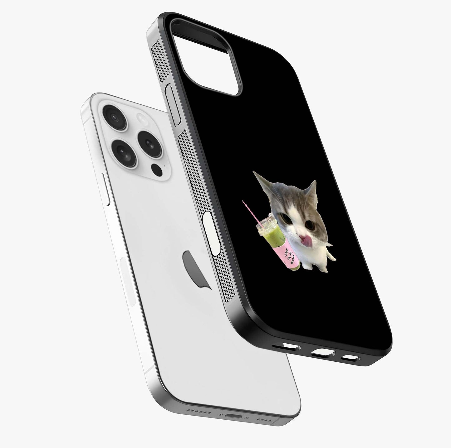 Matcha Cat Style Glass Case laid diagonally highlighting side profile, edges and glossy glass shine.
