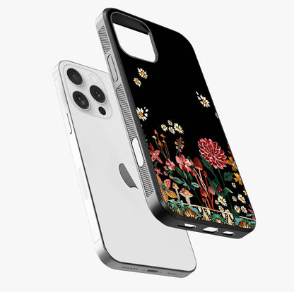 Midnight Bloom Pattern Glass Case laid diagonally highlighting side profile, edges and glossy glass shine.