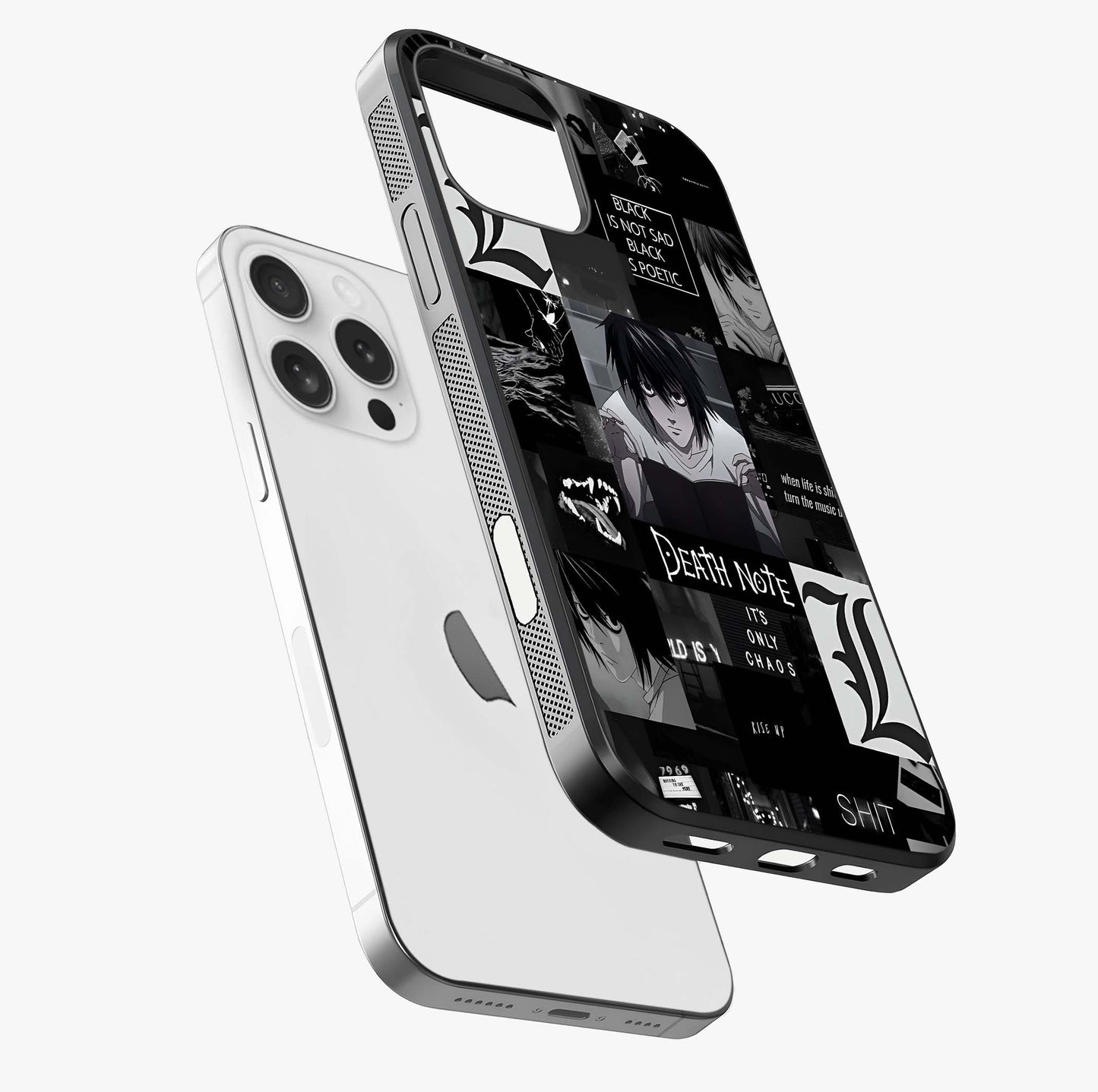 Midnight Chaos Mind Glass Case laid diagonally highlighting side profile, edges and glossy glass shine.