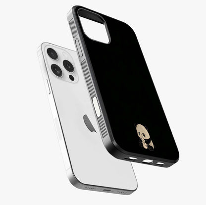 Midnight Panda Love Glass Case laid diagonally highlighting side profile, edges and glossy glass shine.