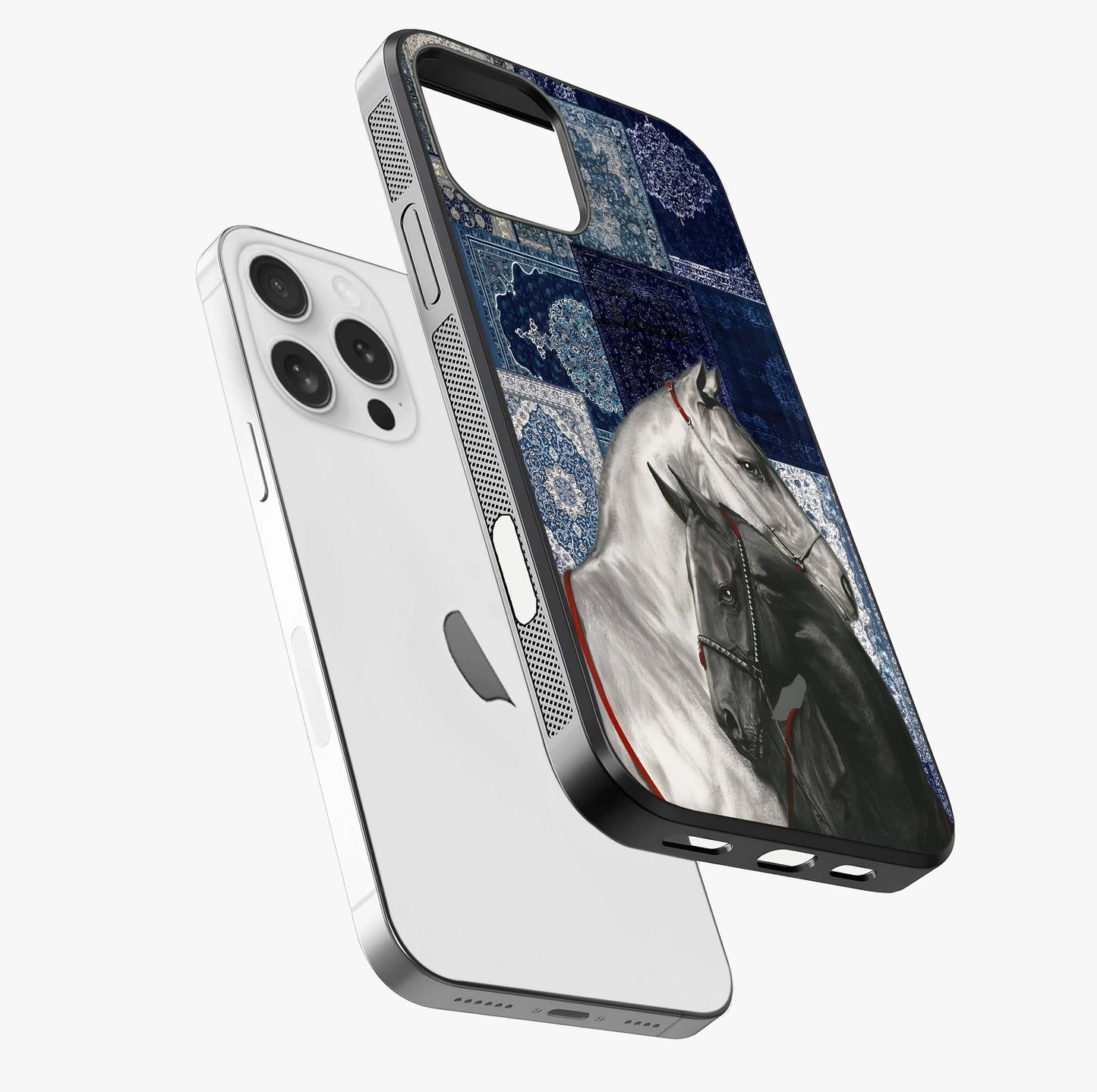 Midnight Stallion Blues Glass Case laid diagonally highlighting side profile, edges and glossy glass shine.