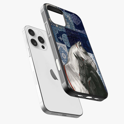 Midnight Stallion Blues Glass Case laid diagonally highlighting side profile, edges and glossy glass shine.