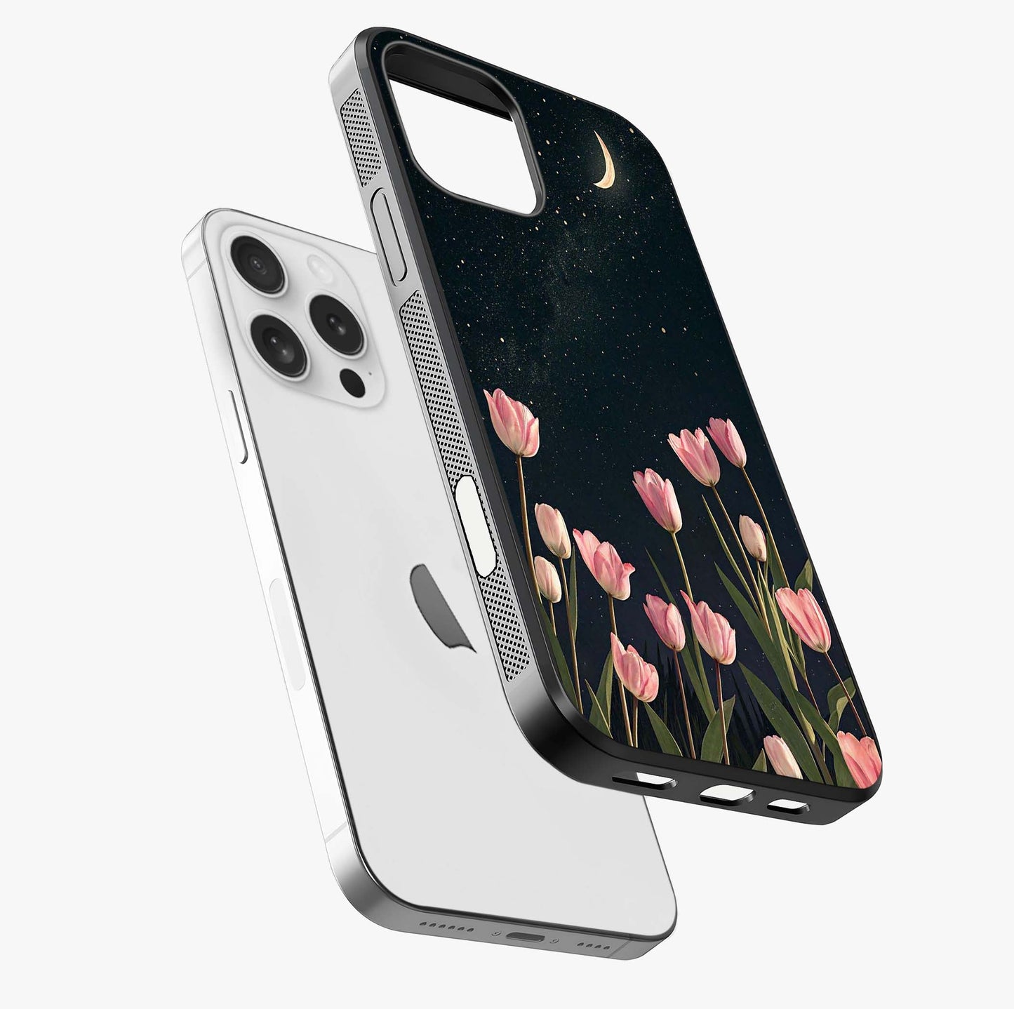 Midnight Tulip Whispers Vibe Glass Case laid diagonally highlighting side profile, edges and glossy glass shine.