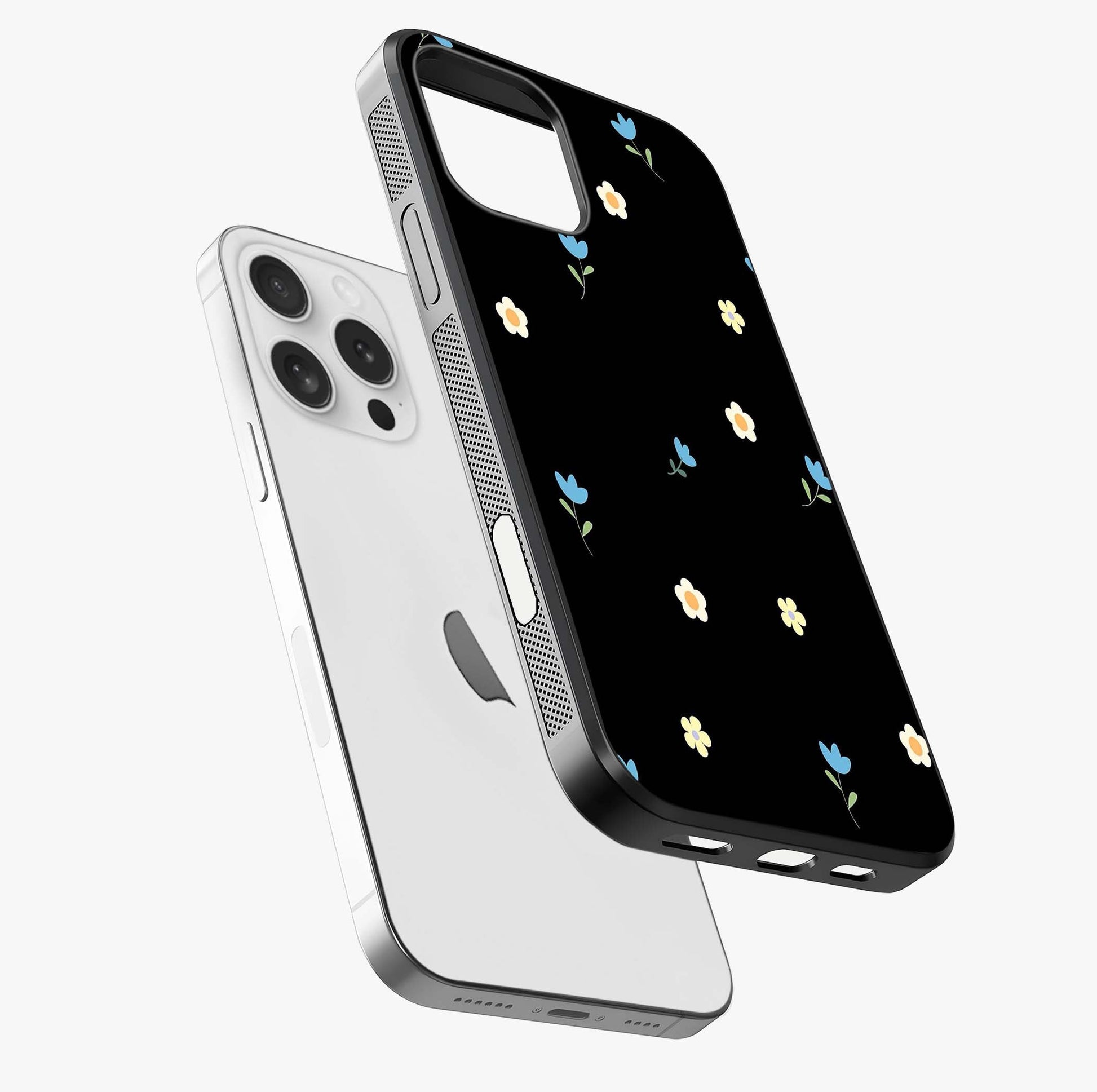 Minimalistic Blue With White Flower Pattern Glass Case laid diagonally highlighting side profile, edges and glossy glass shine.